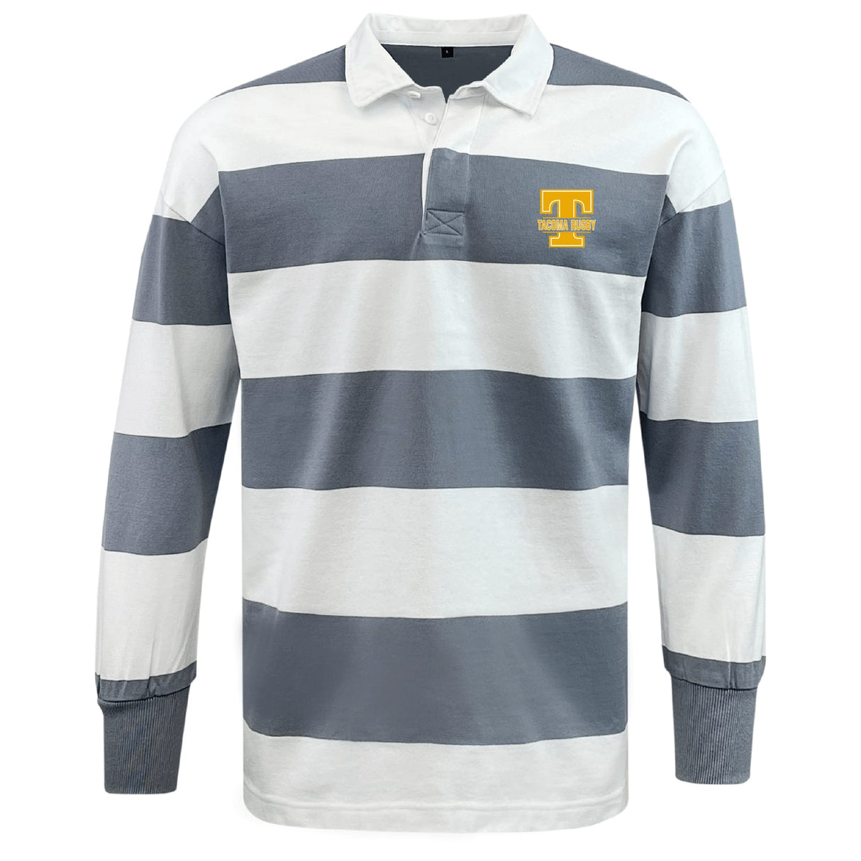 Show your team spirit with the EMB Mudoo Tacoma Tsunami Rugby Classic Long Sleeve Hooped Jersey, featuring navy and white hoops, a classic collar, and a yellow "T" logo with "Tennessee Turkey" text on the chest.