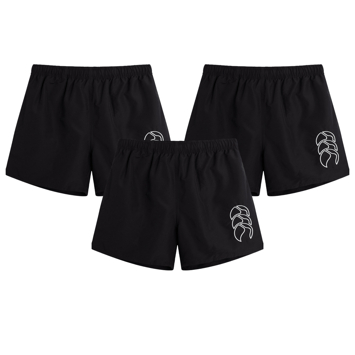 The Canterbury Tactic Short 3-Pack Bundle features three pairs of black men's rugby shorts with elastic waistbands and a white abstract logo on the left leg, shown against a white background.