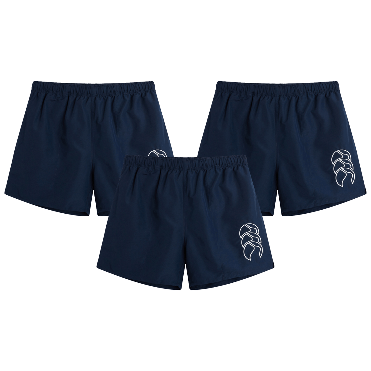 The Canterbury Tactic Short 3-Pack Bundle by Bundle features three pairs of navy men's rugby shorts with white abstract left-leg designs, displayed in a triangular formation on a white background.