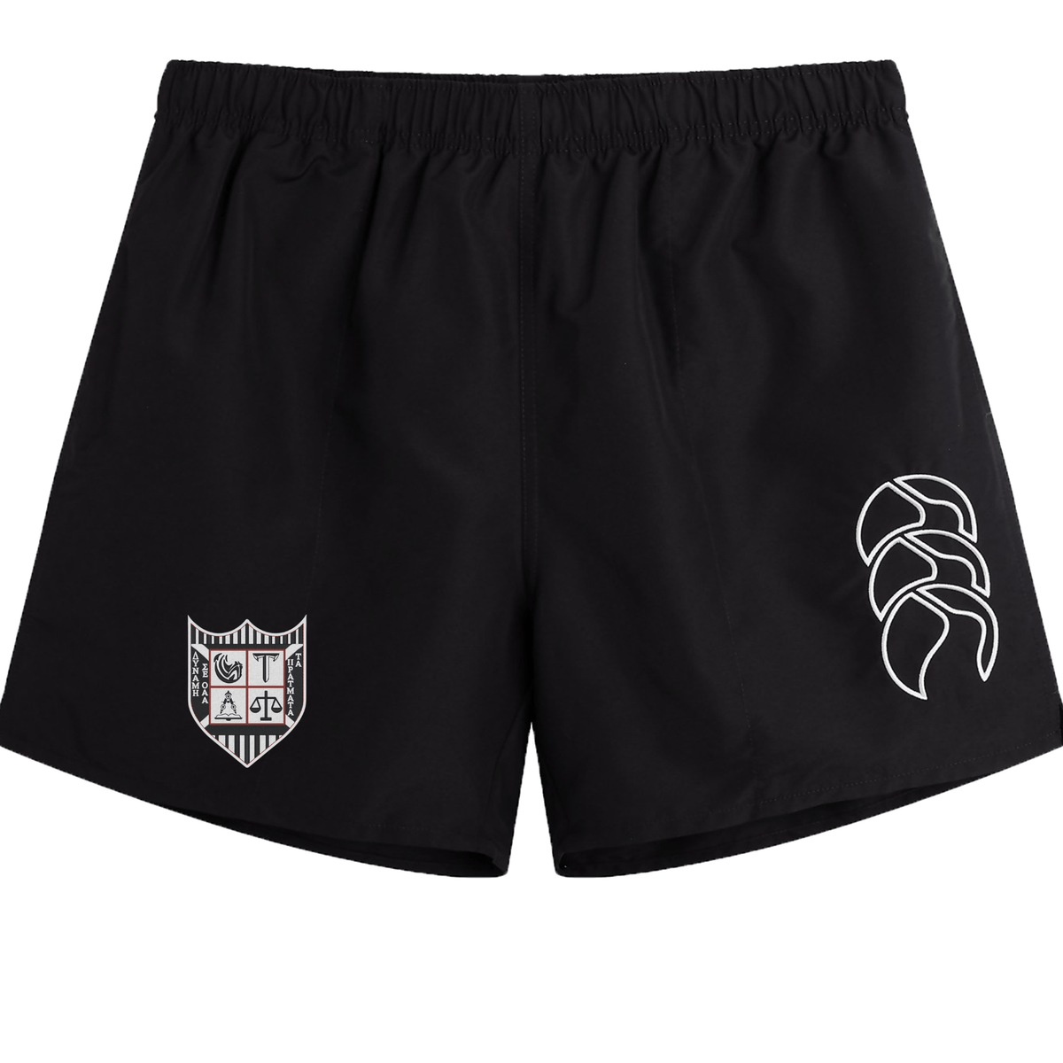 Black Troy University Rugby Tactic Shorts by EMB Canterbury with a white crest logo on the left leg and a leaf-shaped design on the right.