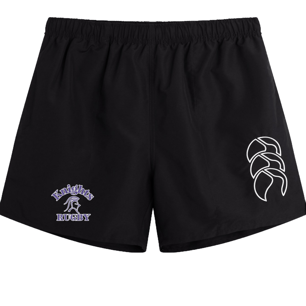 Ardrey Kell Rugby Tactic Short by EMB Canterbury with an elastic waistband. A design featuring text "Knights Rugby" and a cloaked figure is on one leg, while a stylized logo is on the other leg—perfect for dominating the rugby pitch.