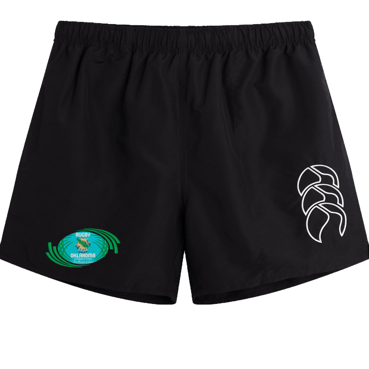Rugby Oklahoma Tactic Short by EMB Canterbury featuring a white leaf logo on the right leg and a circular green and white rugby club emblem on the left.