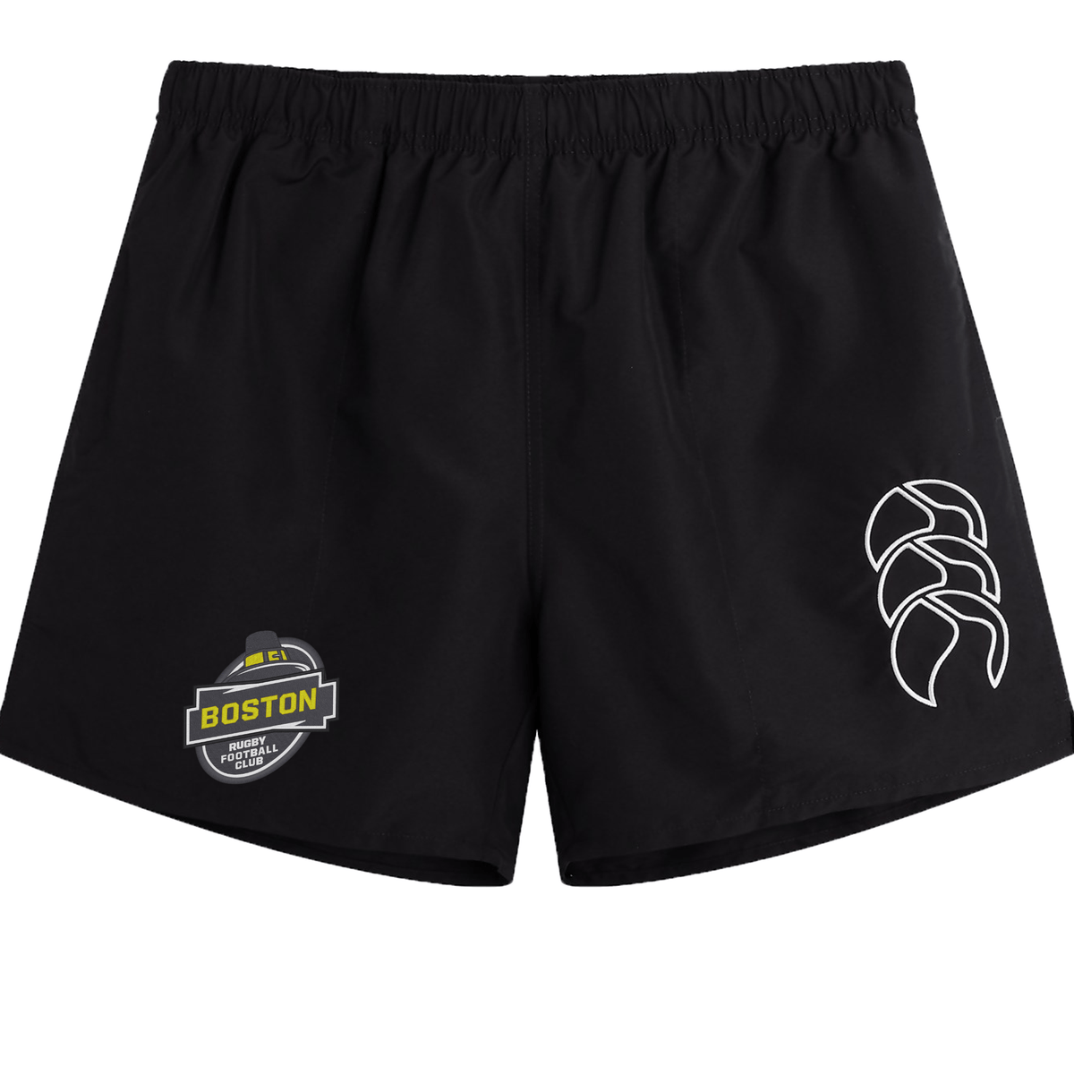 Black athletic shorts featuring a "Boston RFC Tactic Short by Canterbury" logo on the left leg and a white abstract design on the right leg, equipped with an elasticated waist.