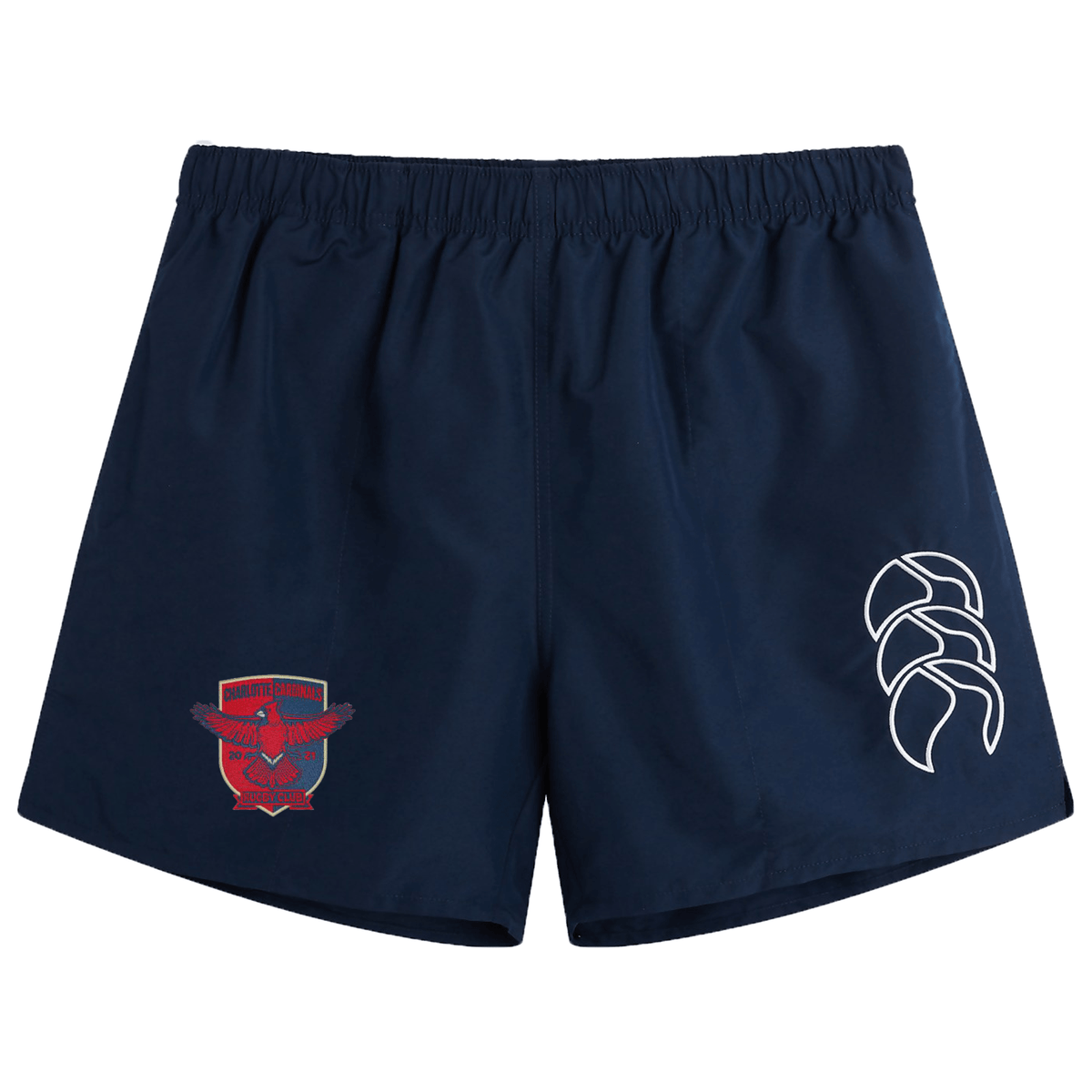 Navy blue elasticated waist shorts with an emblem on the lower right leg, the Charlotte Cardinals Rugby Club Tactic Short by EMB Canterbury.