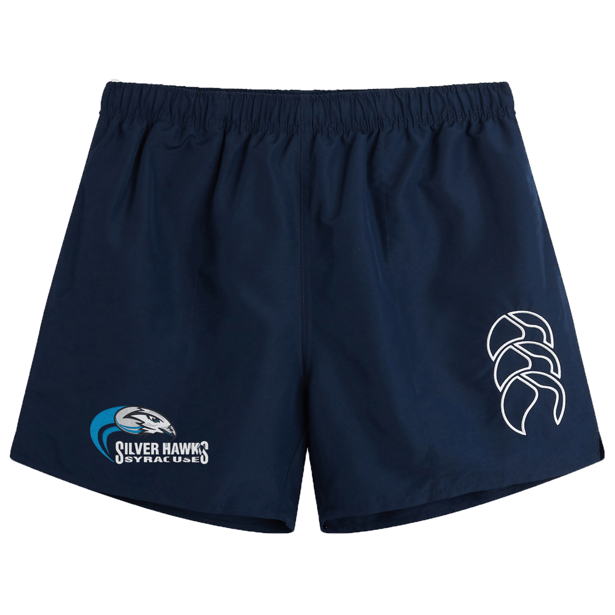 A pair of lightweight men's blue Syracuse Silver Hawks Tactic Shorts by EMB Canterbury with an elasticated waistband and white logo.