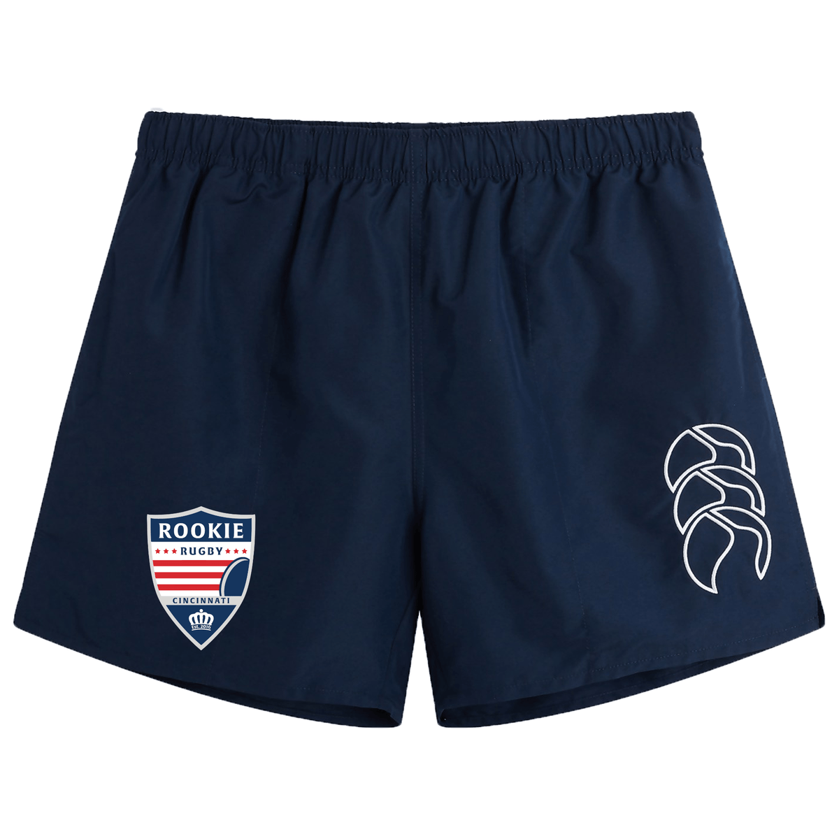 Navy blue Cincinnati Rookie Rugby Tactic Short by Canterbury featuring the "Rookie Rugby Cincinnati" logo on the left leg and a white emblem on the right leg, ideal for rugby gear enthusiasts, by EMB Canterbury.