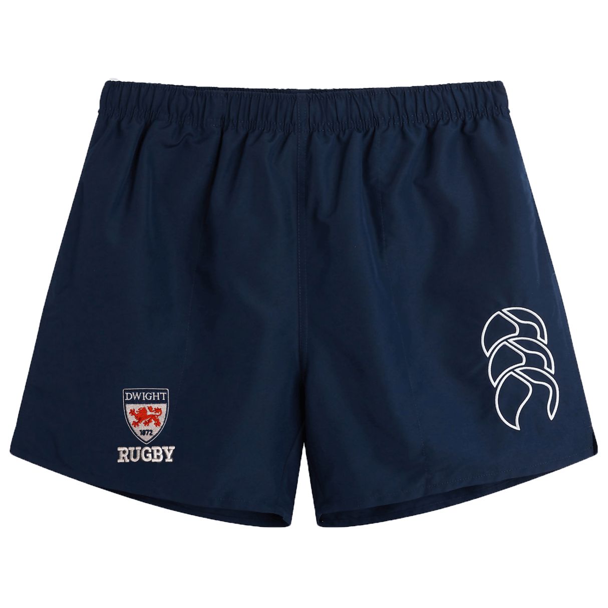 Navy blue EMB Canterbury shorts with an elasticated waistband, featuring a "Dwight Rugby" logo and a stylized laurel design embroidered on the left leg.