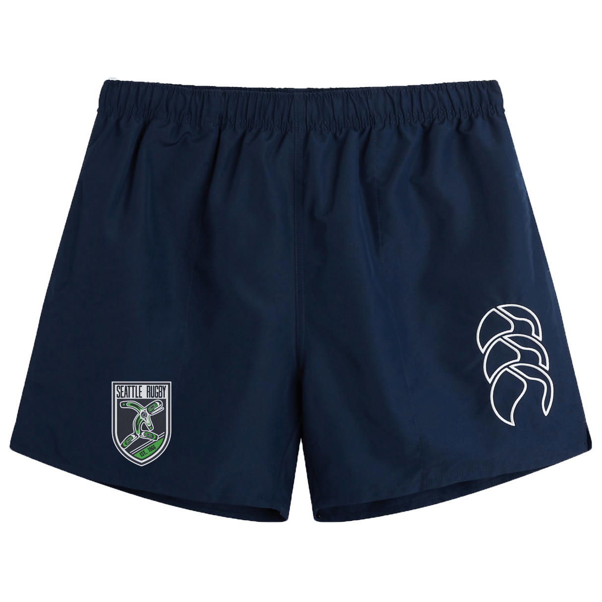 Navy blue athletic shorts with an elasticated waistband, featuring a Seattle Rugby Club logo and a stylized tentacle design on the left leg. Created by EMB Canterbury.
