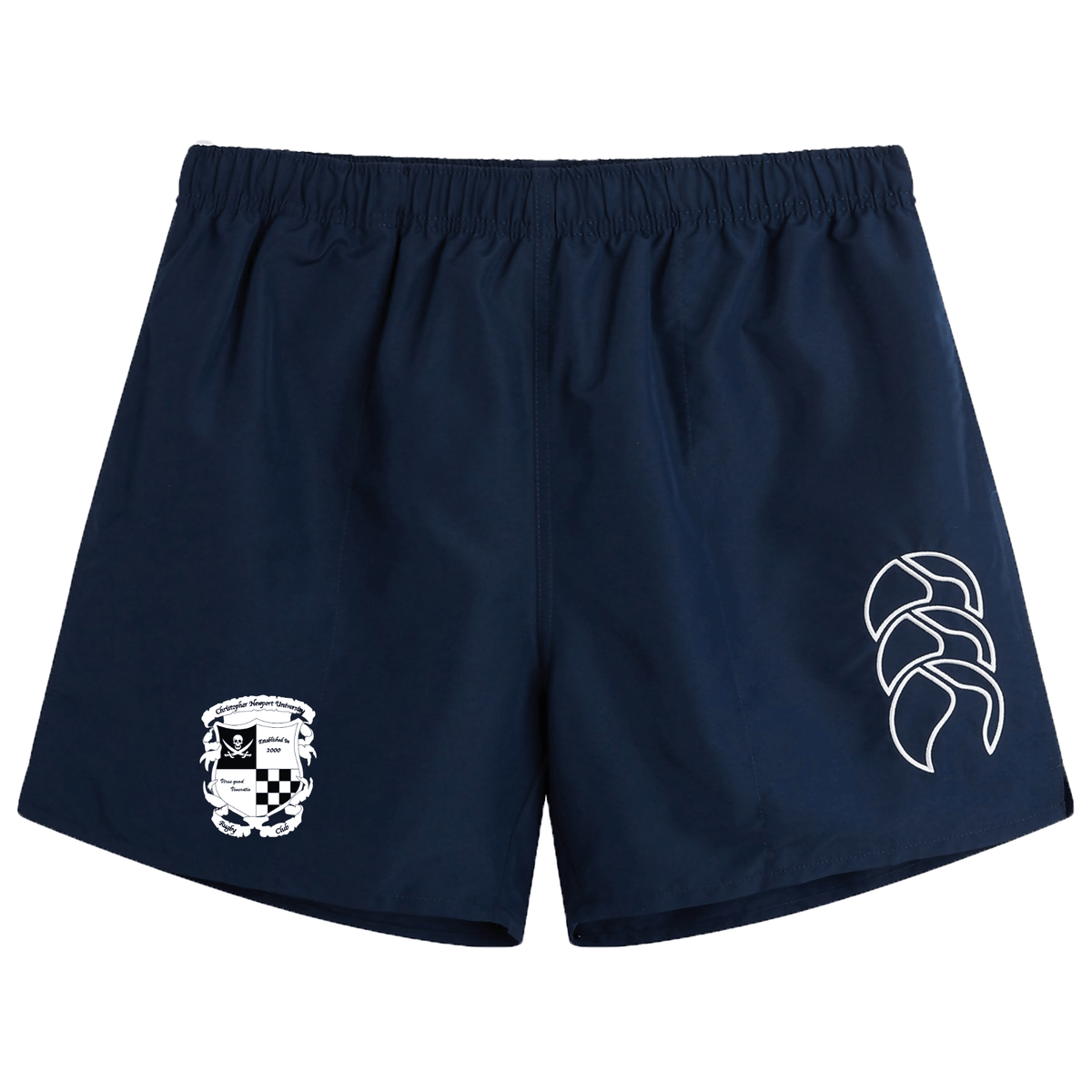 Navy blue EMB Canterbury rugby shorts with an elastic waistband and white logo designs on the left leg.