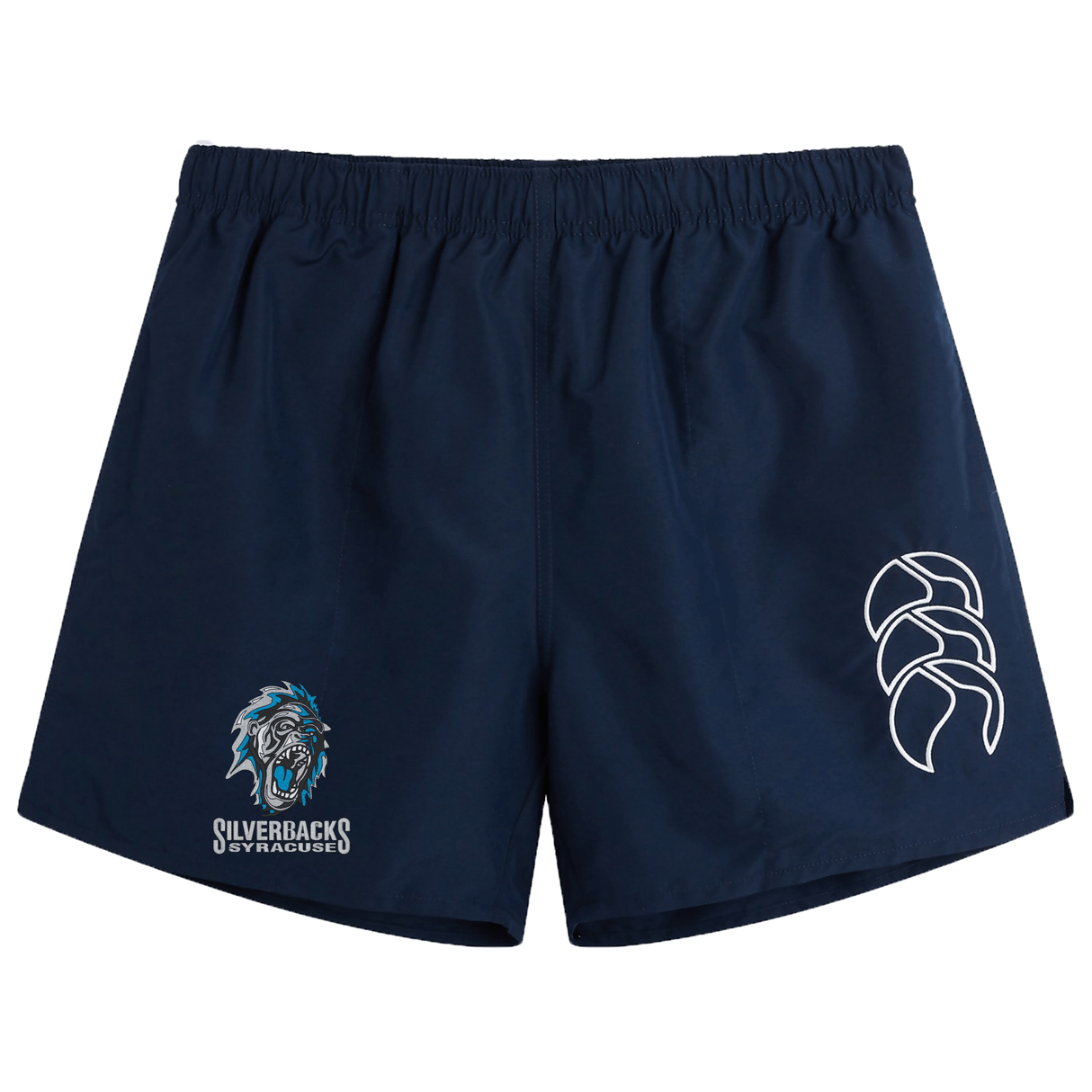 Navy blue Syracuse Silverbacks Tactic Short by EMB Canterbury with "Silverbacks" logo featuring a stylized gorilla on the left side and a white abstract design on the right side, perfect for dominating the rugby pitch.