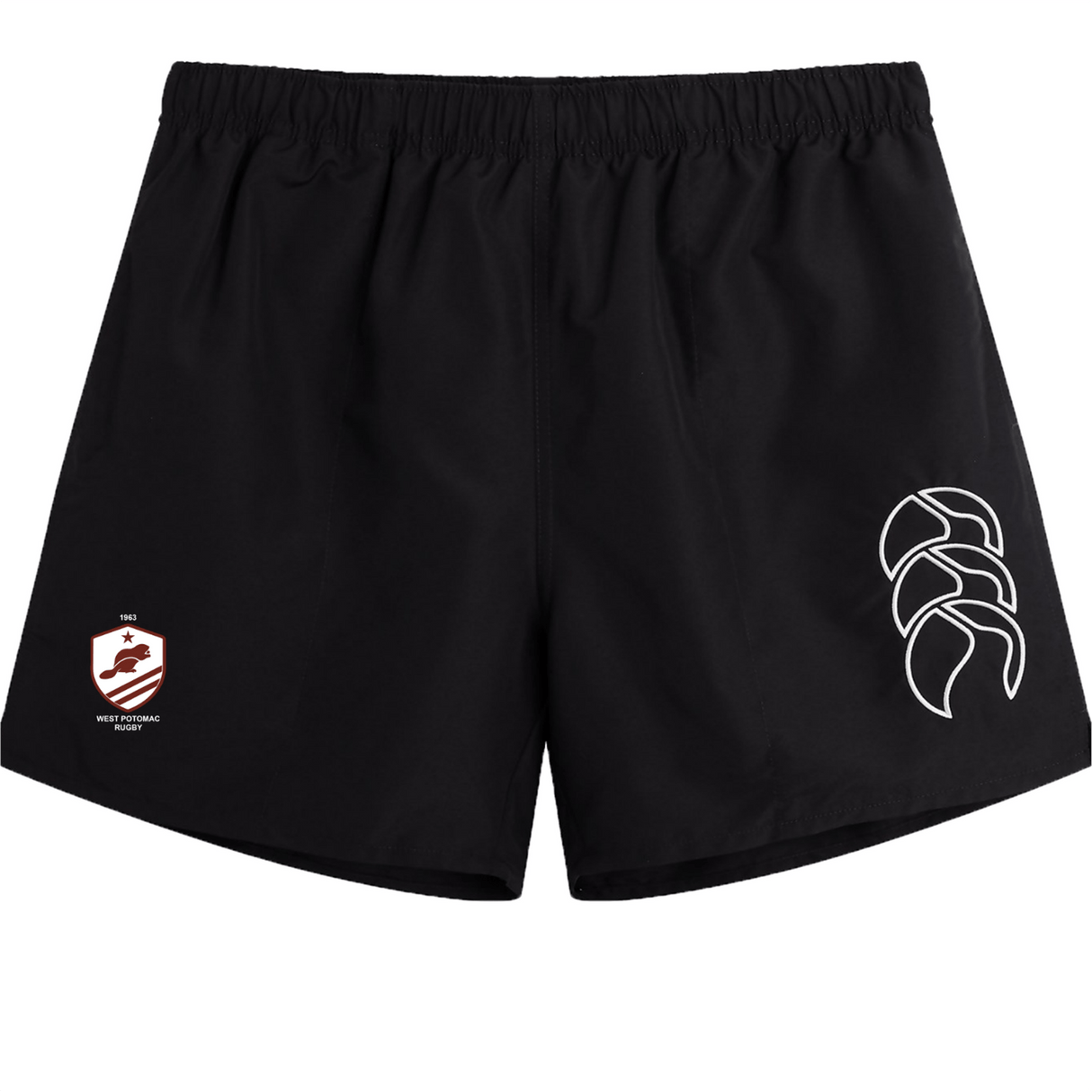 EMB Canterbury’s West Potomac RFC Tactic Short is designed for gym training, featuring a small crest with text on the left leg and a large abstract white logo on the right leg.
