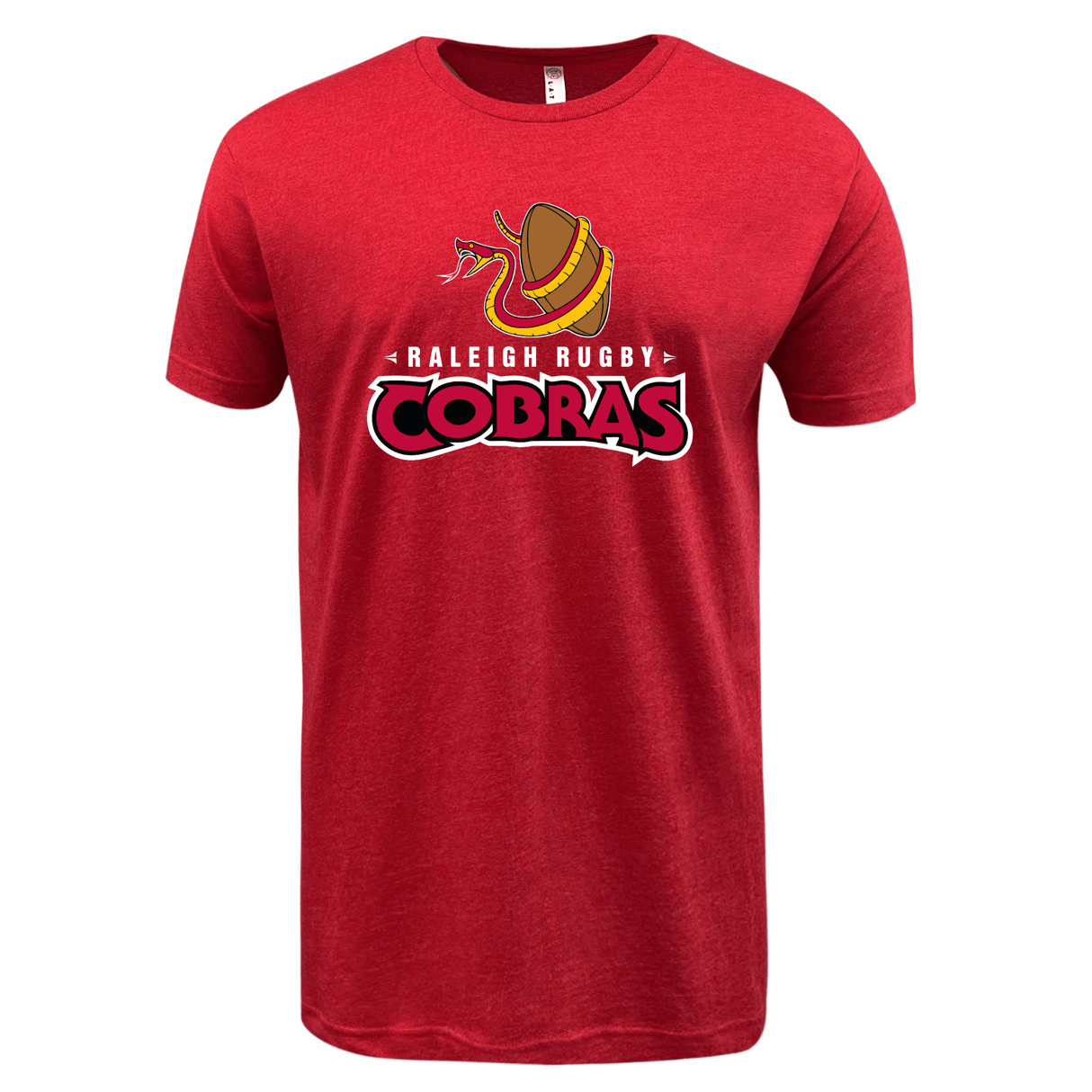 A Raleigh Cobras Fine Jersey Tee in a wide range of colors, featuring the word "Cobras" on a red t-shirt for ultimate comfort and softness.
