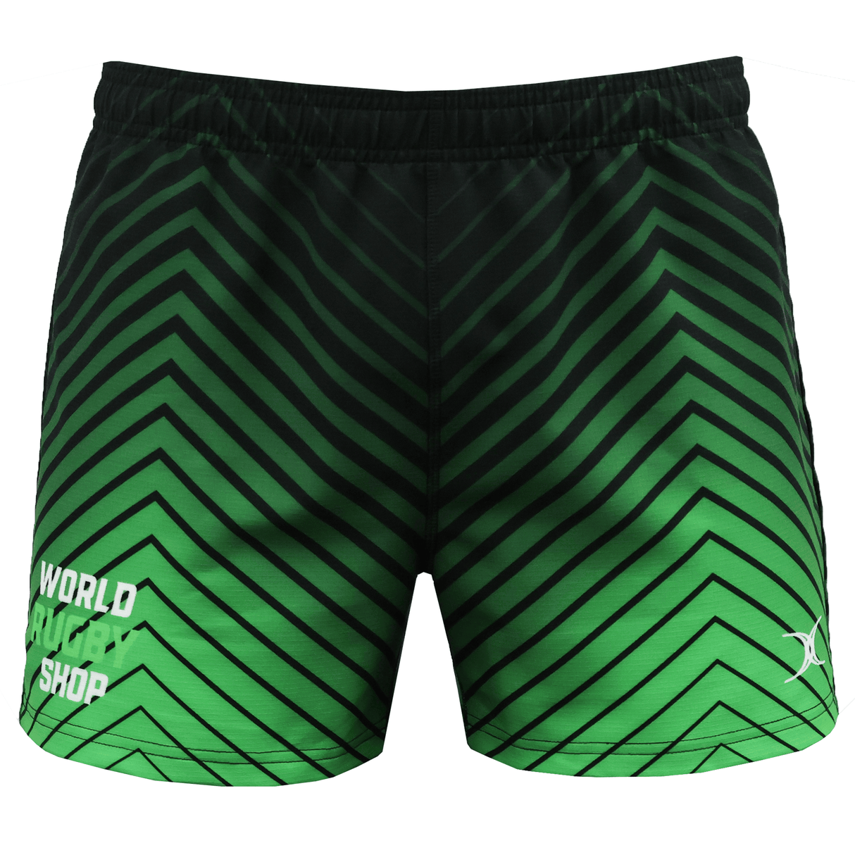 The Teamatical Gilbert Sublimated Pro Shorts - Mens feature a green and black chevron pattern, elastic waistband, and "World Rugby Shop" printed on the left leg.