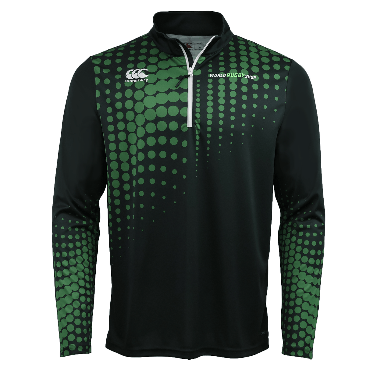 The Canterbury Eco-Sublimate Mid-Layer Q-zip by Teamatical is a black men’s pullover with a green gradient dot pattern, "World Rugby Shop" and Canterbury logos, crafted from lightweight stretch polyester for comfort and performance.