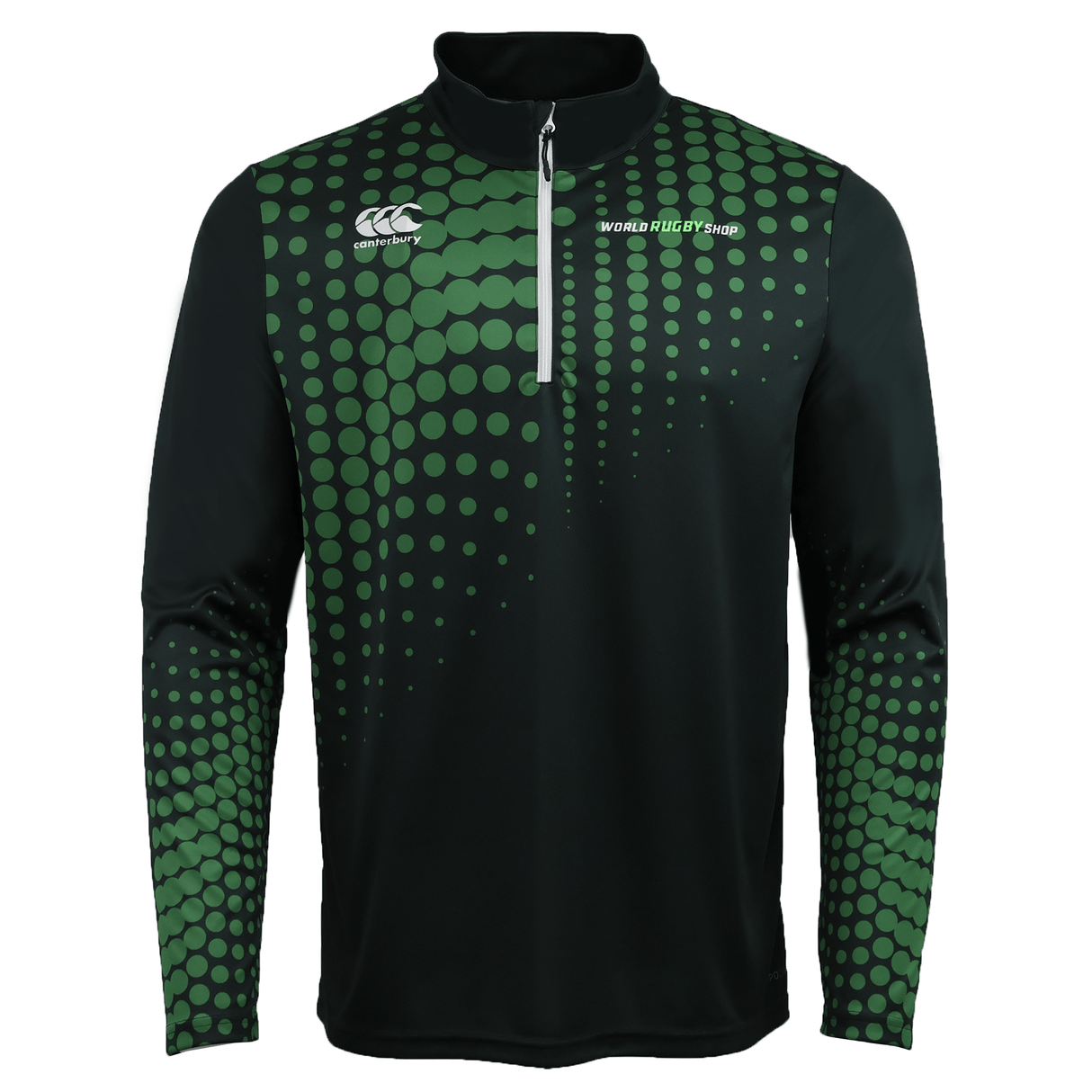 The Canterbury Eco-Sublimate Mid-Layer Q-zip by Teamatical is a men's black long-sleeve athletic top made from lightweight stretch polyester, with a green gradient dot design, quarter zip neck, and chest logo.