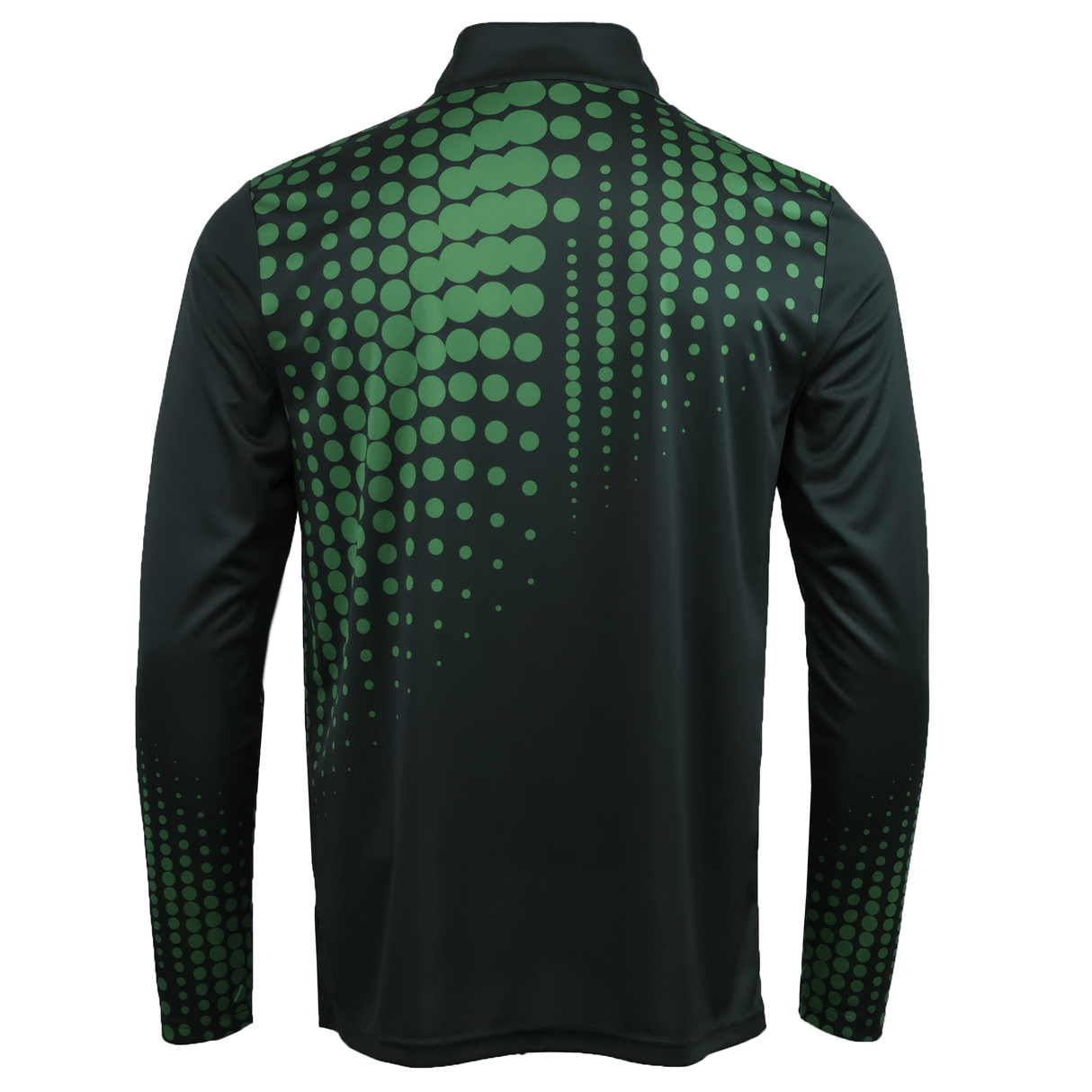 The Teamatical Canterbury Eco-Sublimate Mid-Layer Q-zip for men is a black long-sleeve athletic shirt featuring a green dot gradient sublimated design on the back and sleeves, made from lightweight stretch polyester, shown on a white background.