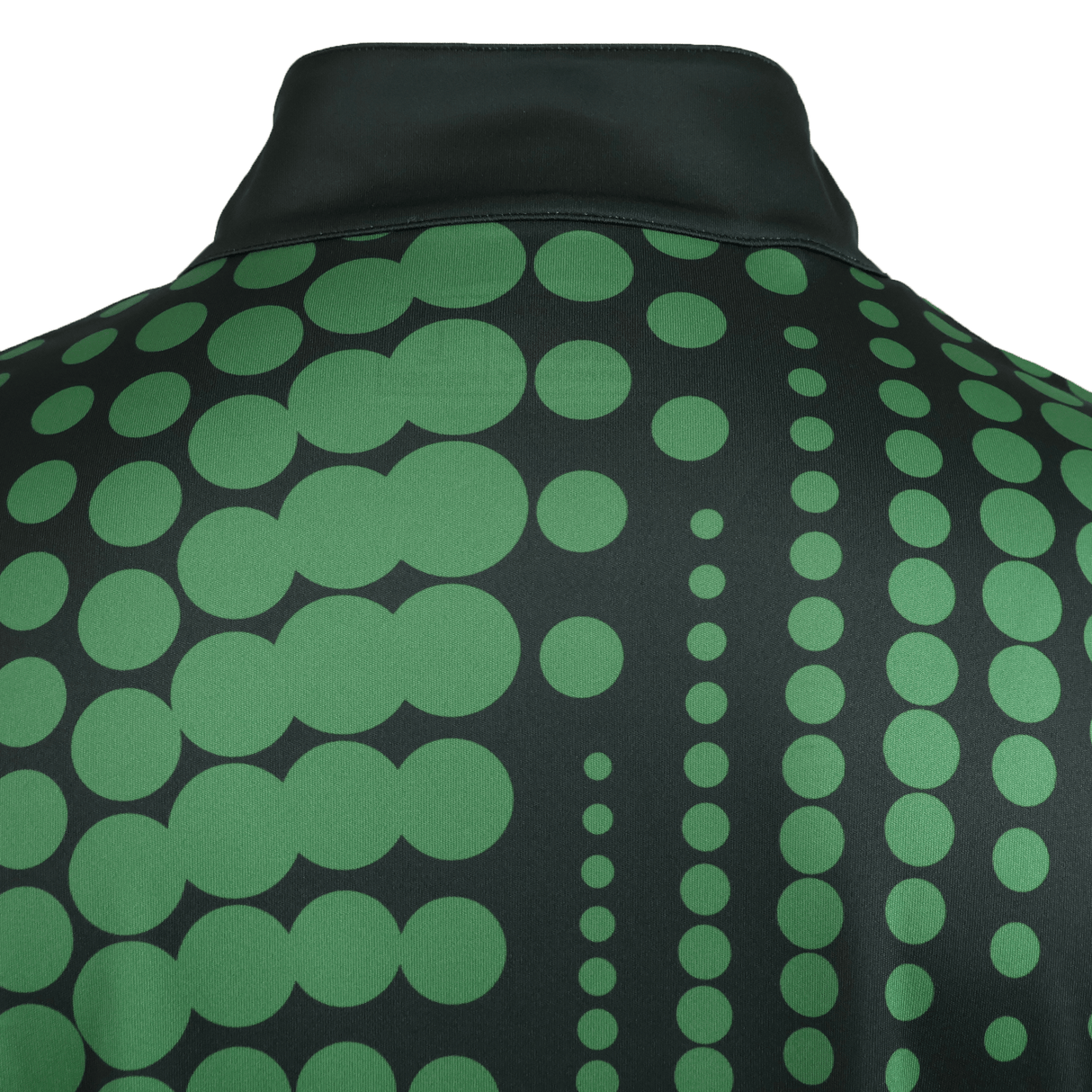 Close-up of the back of the Canterbury Eco-Sublimate Mid-Layer Q-zip - Men's by Teamatical, showcasing sublimated green dots in vertical lines on black. Made from lightweight stretch polyester for comfort and style.
