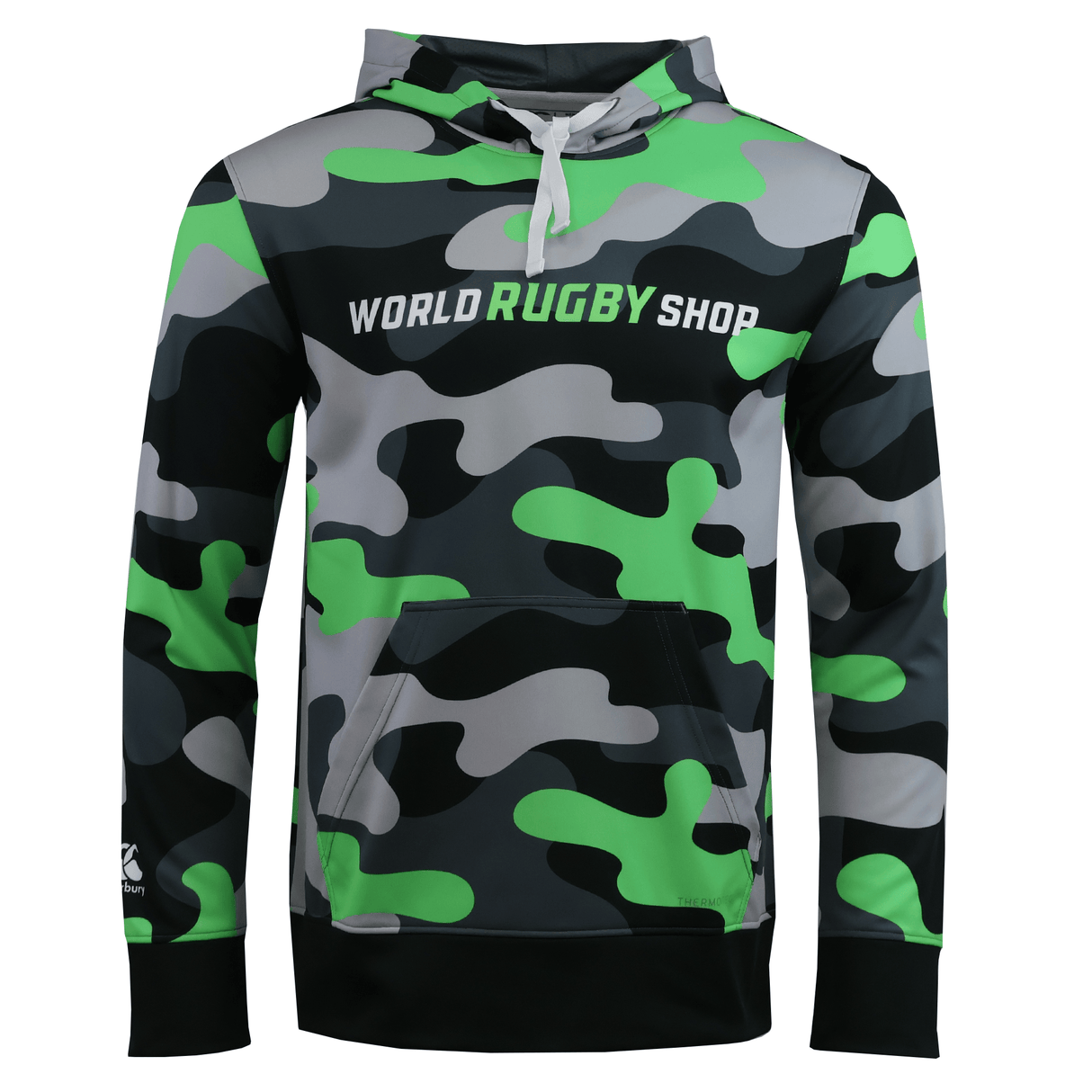 The Teamatical Canterbury Mid-Layer Sublimate Hoodie - Men's features green, gray, black, and white colors, "World Rugby Shop" text on the chest, and a front pocket.