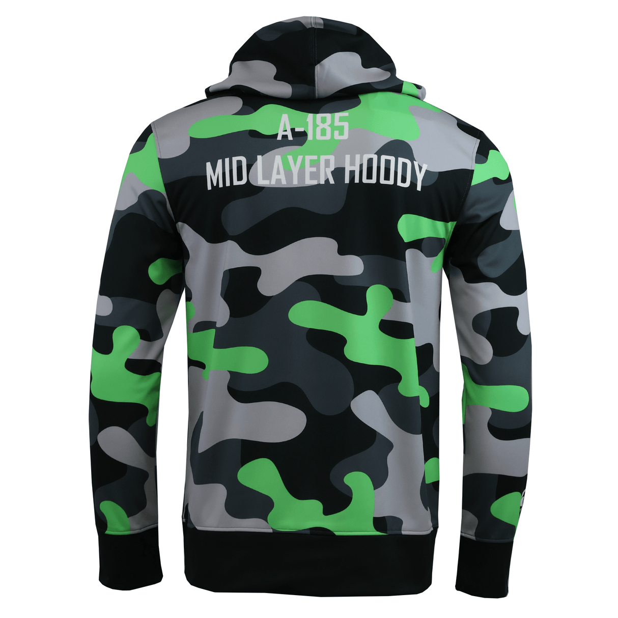 The Canterbury Mid-Layer Sublimate Hoodie - Men's by Teamatical features a green, black, and gray camo print with "A-185 MID LAYER HOODY" in bold white on the back. Ideal for active or casual wear.