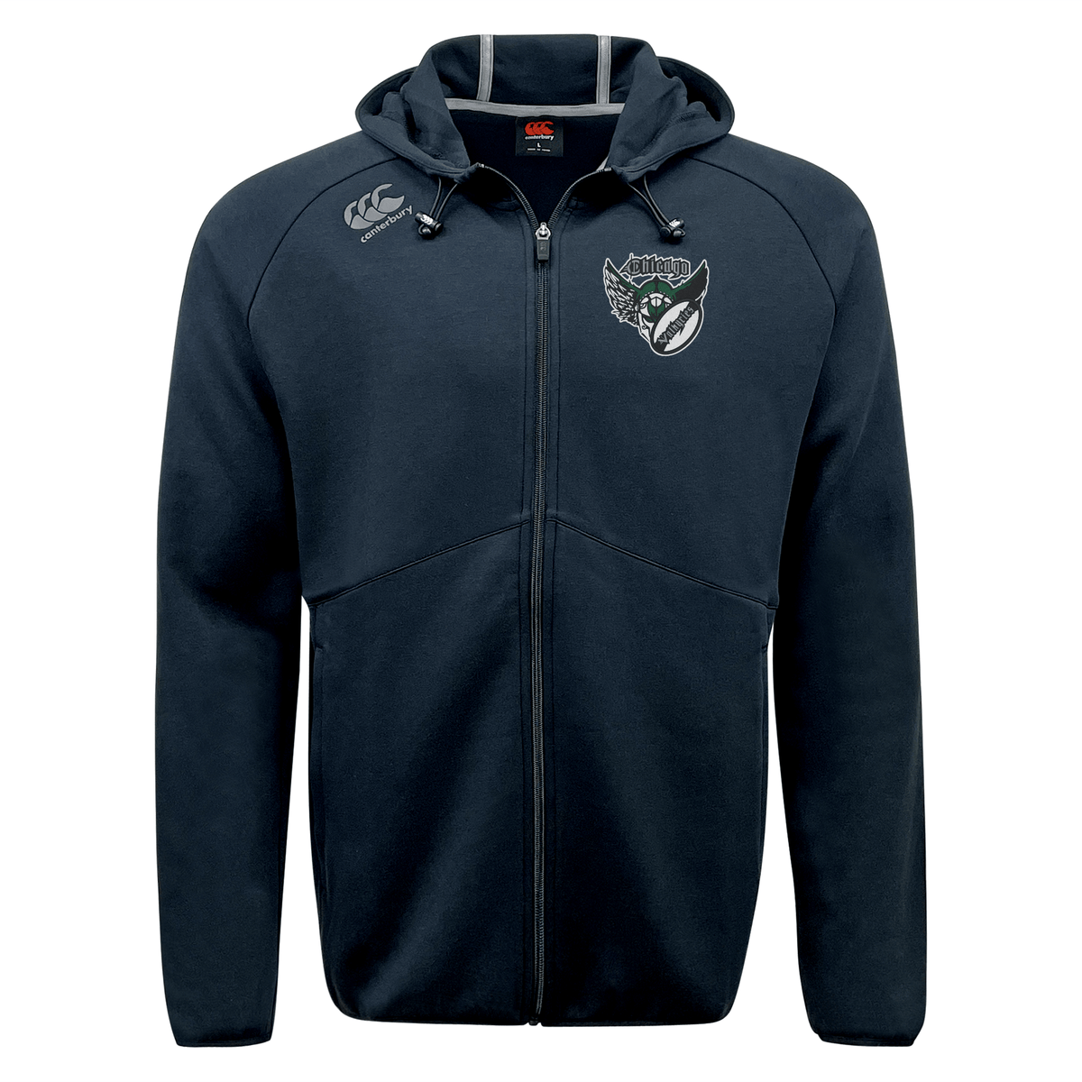 Navy blue Chicago Valkyries Tempo Vapodri full-zip hoodie by EMB Canterbury with moisture-wicking features, adorned with team logos on the chest and a hood.