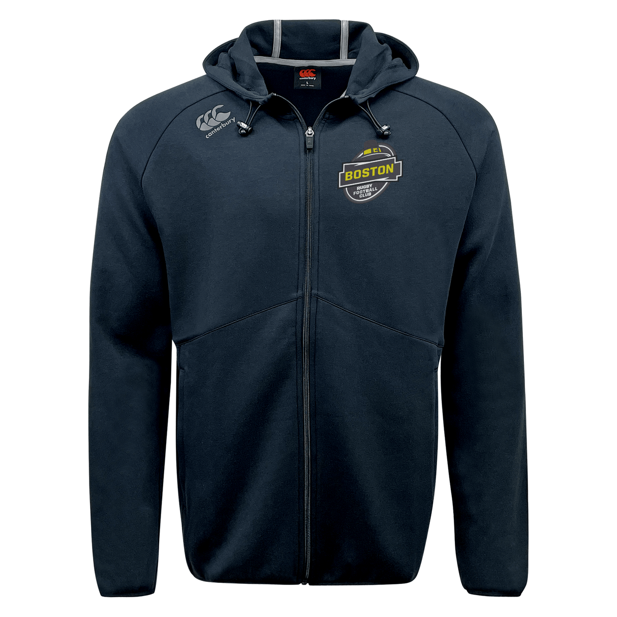 Navy blue full-zip Boston RFC Tempo Vapodri hoodie by EMB Canterbury with "Boston" patch on the left chest, featuring a hood and split kangaroo pockets, displayed on a white background.
