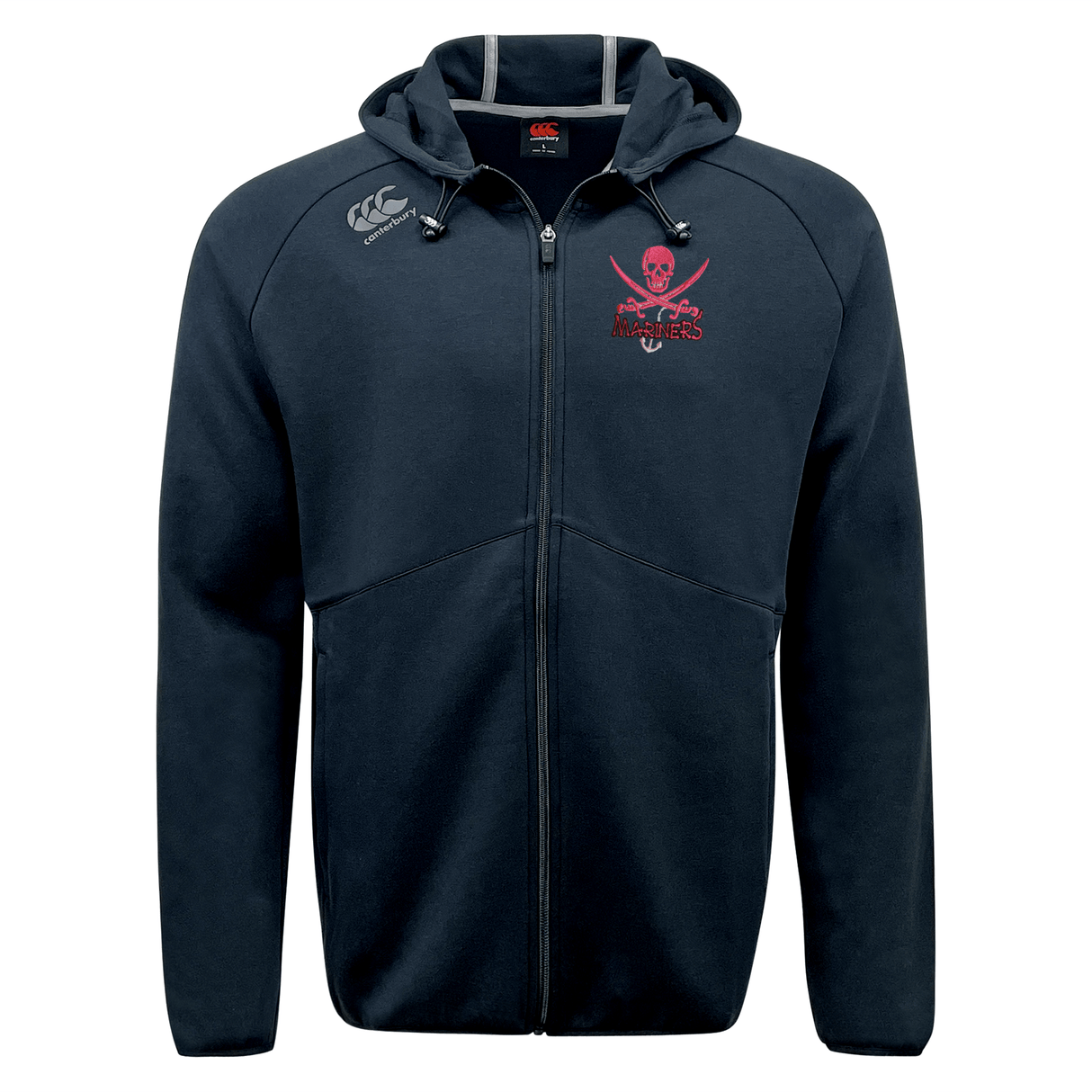 Navy blue SUNY Maritime Tempo VapoDri Full-Zip Hoodie with moisture wicking, EMB Canterbury branding and master’s varsity logos on the chest, displayed against a white background.