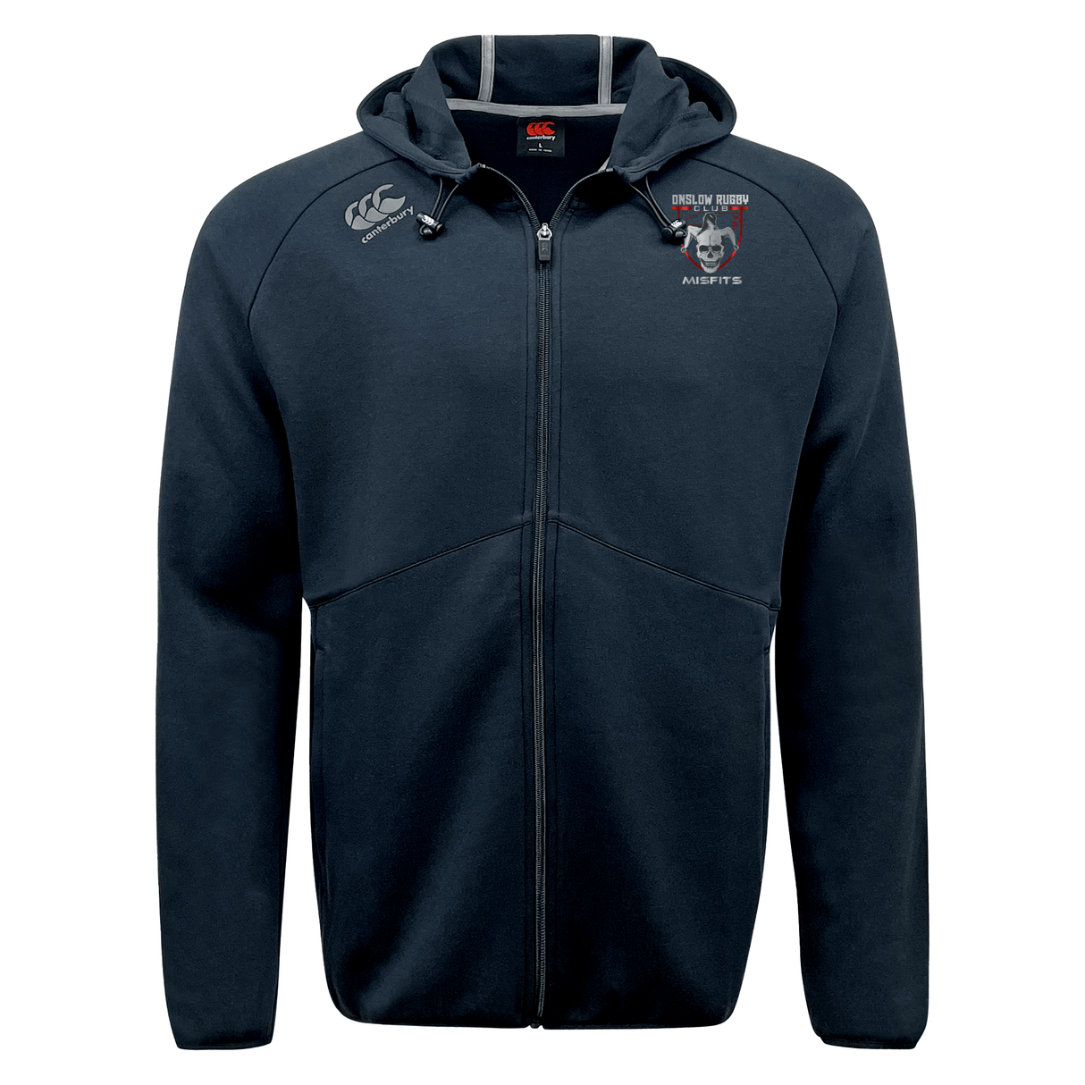 A navy blue Onslow Rugby Misfits Tempo Vapodri full-zip hoodie by EMB Canterbury with a Canterbury logo on the right chest and the Queensland Rugby League emblem on the left, displayed against a white background.