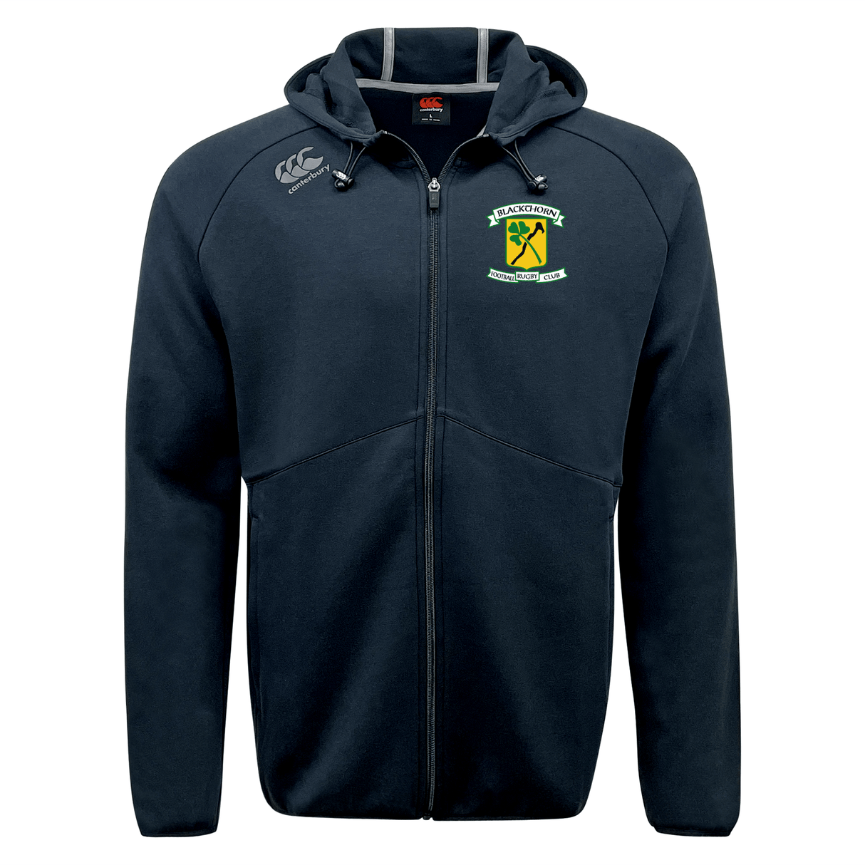Blackthorn RFC Tempo Vapodri Full-Zip Hoodie with a logo on the left chest, featuring a harp and a tree emblem, designed by EMB Canterbury.