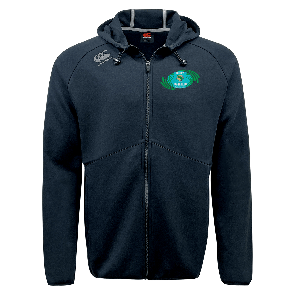 Rugby Oklahoma Tempo EMB Canterbury Full-Zip Hoodie with a moisture-wicking fabric, hood, and Canterbury branding on the left chest.
