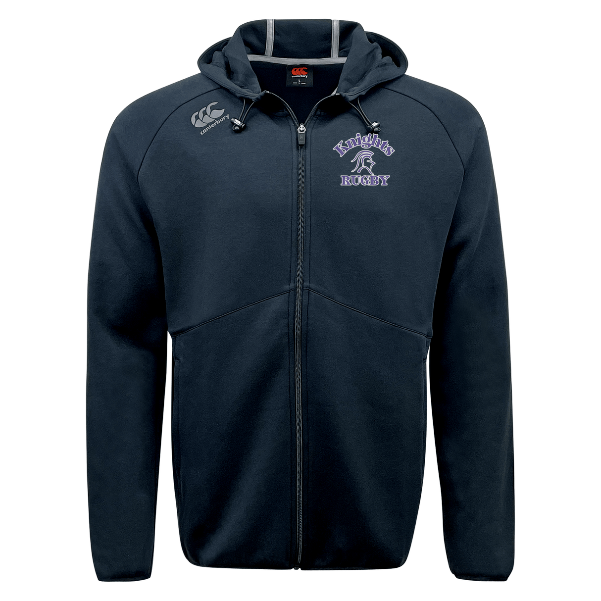 A navy blue ultra-soft zipped hoodie with a hood and drawstrings, featuring "Knights Rugby" embroidered in purple text on the left chest, and a small embroidered emblem on the right shoulder.
Replaced:
The Ardrey Kell Rugby Tempo Vapodri Full-Zip Hoodie by EMB Canterbury, a navy blue ultra-soft zipped hoodie with a hood and drawstrings, features "Knights Rugby" embroidered in purple text on the left chest and a small embroidered emblem on the right shoulder.