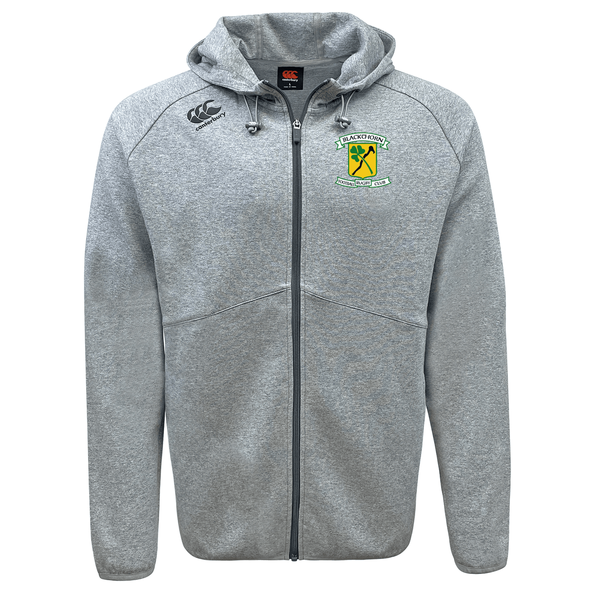 Grey Blackthorn RFC Tempo Vapodri Full-Zip Hoodie with hood, featuring logos of EMB Canterbury and a green and yellow emblem on the left chest area.