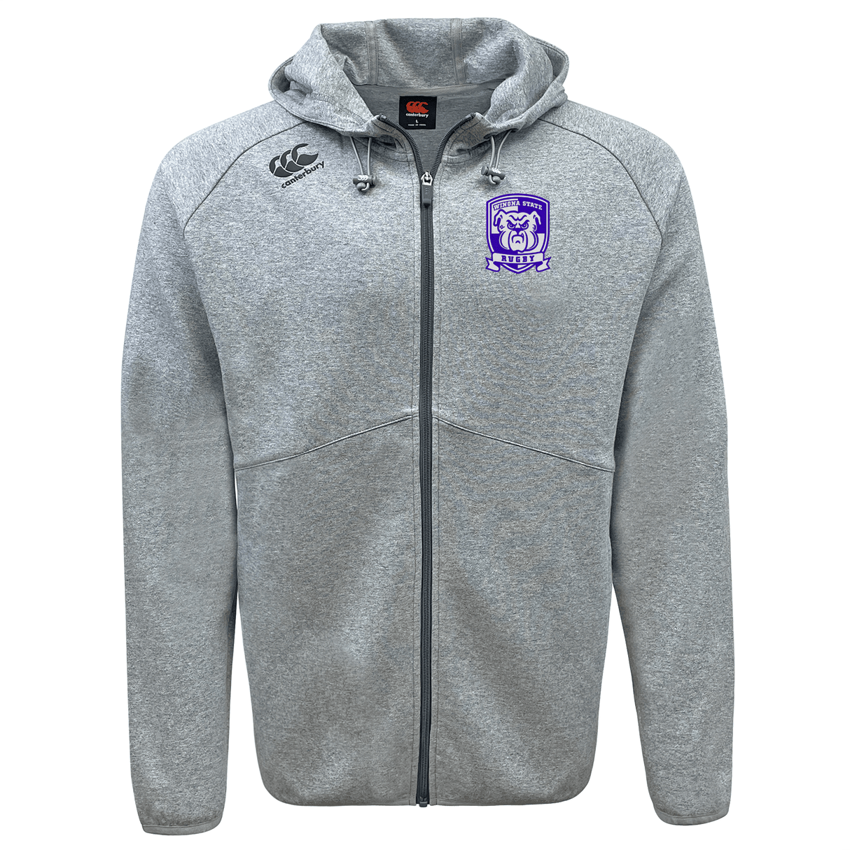 The Winona State University Tempo Vapodri Full-Zip Hoodie by EMB Canterbury is a grey zip-up hoodie with a hood and front pockets. It features a purple emblem on the left chest, Canterbury branding on the right shoulder, and offers advanced moisture-wicking technology for ultimate comfort.