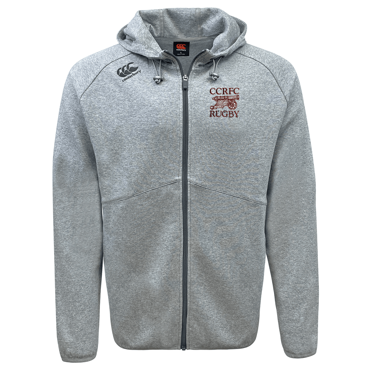 Concord Carlisle Rugby Tempo Vapodri Full-Zip Hoodie by EMB Canterbury with "ccrfc rugby" logo on the left chest, Canterbury branding and ccc logos on the right, displayed on a plain background.