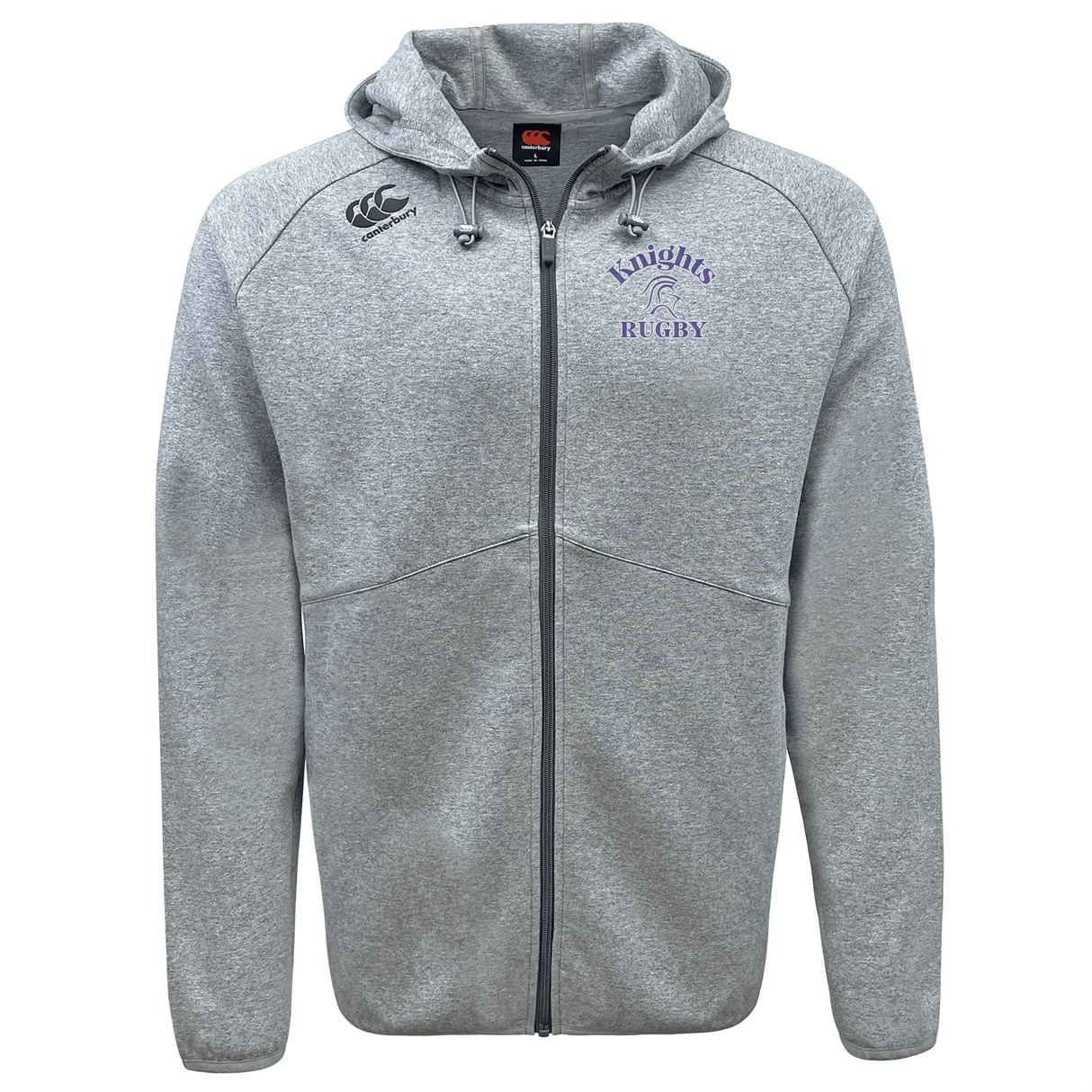 A light gray ultra-soft zipped hoodie with "Knights Rugby" in purple text on the left chest and a logo above it. The **Ardrey Kell Rugby Tempo Vapodri Full-Zip Hoodie by Canterbury** features a drawstring hood, two front pockets, and moisture-wicking properties to keep you comfortable. **EMB Canterbury**