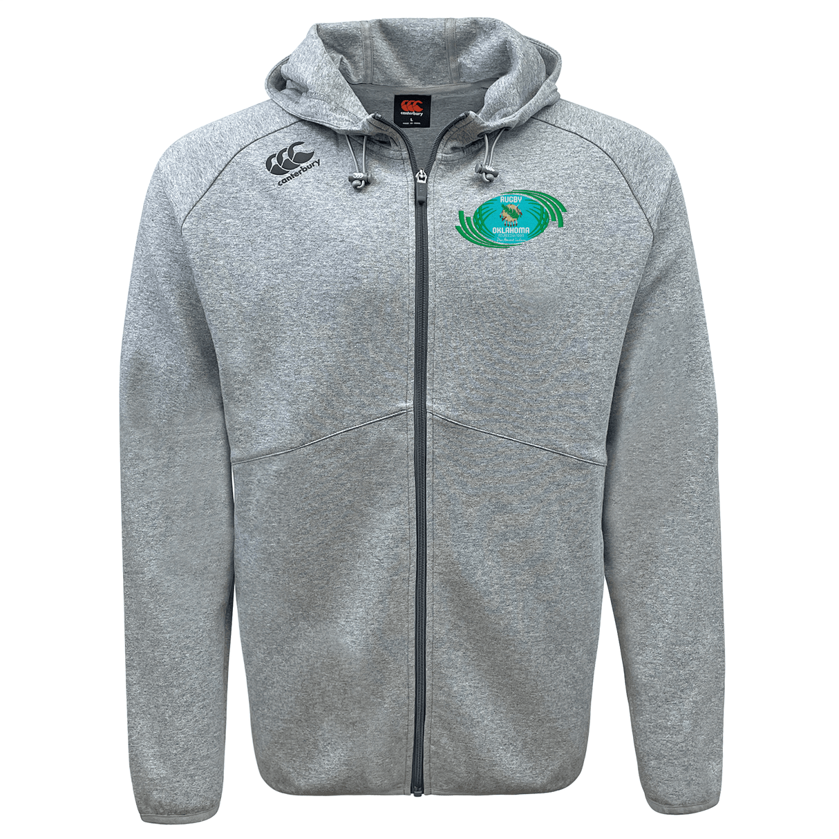 Gray zip-up Rugby Oklahoma Tempo Vapodri Full-Zip Hoodie by EMB Canterbury with a logo on the left chest, featuring a hood and split kangaroo pockets, on a white background.