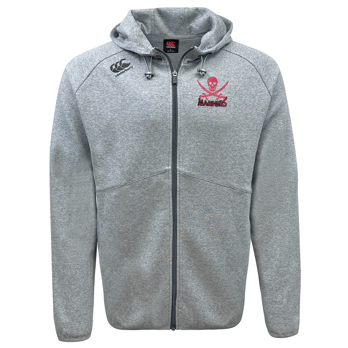 Sentence with product name and brand name: SUNY Maritime Tempo Vapodri full-zip hoodie by EMB Canterbury with embroidered Canterbury branding on the left chest and right chest, featuring a kangaroo pocket and drawstring hood.