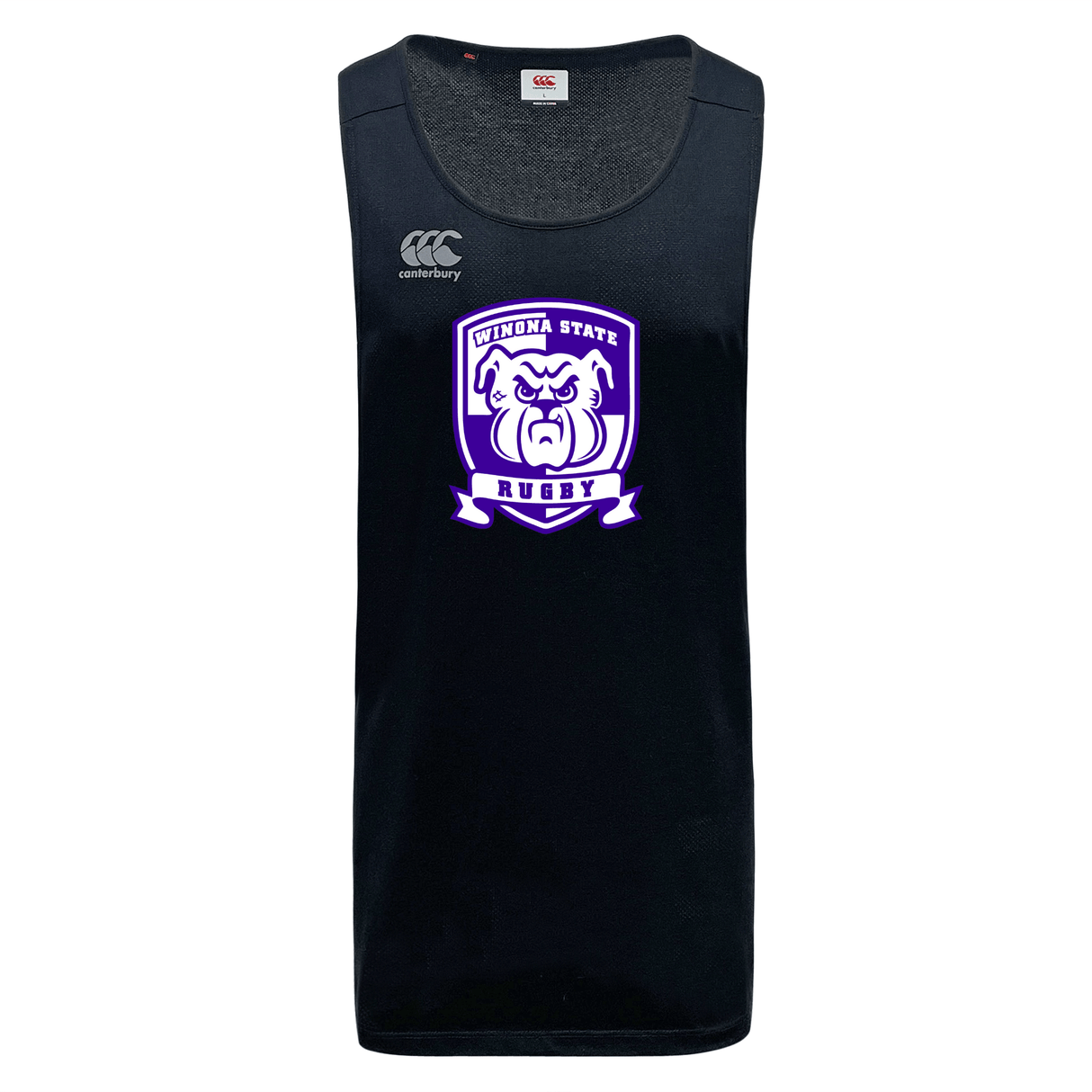 Black sleeveless sports jersey made from recycled polyester with a purple and white “Winona State Rugby” logo featuring a bulldog mascot in the center. White "Canterbury" logo on the upper right side, this Winona State University Tempo Vapodri Singlet by WRS Canterbury boasts VapoDri technology for superior performance.
