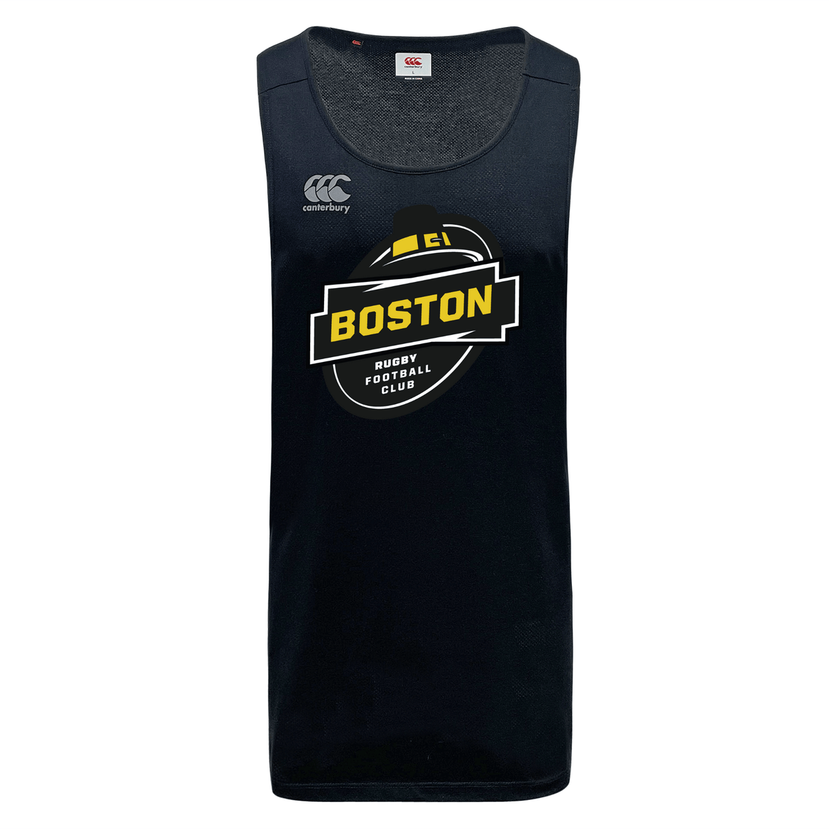 Black Boston RFC Tempo VapoDri Singlet with WRS Canterbury logo on the chest, made from recycled polyester.