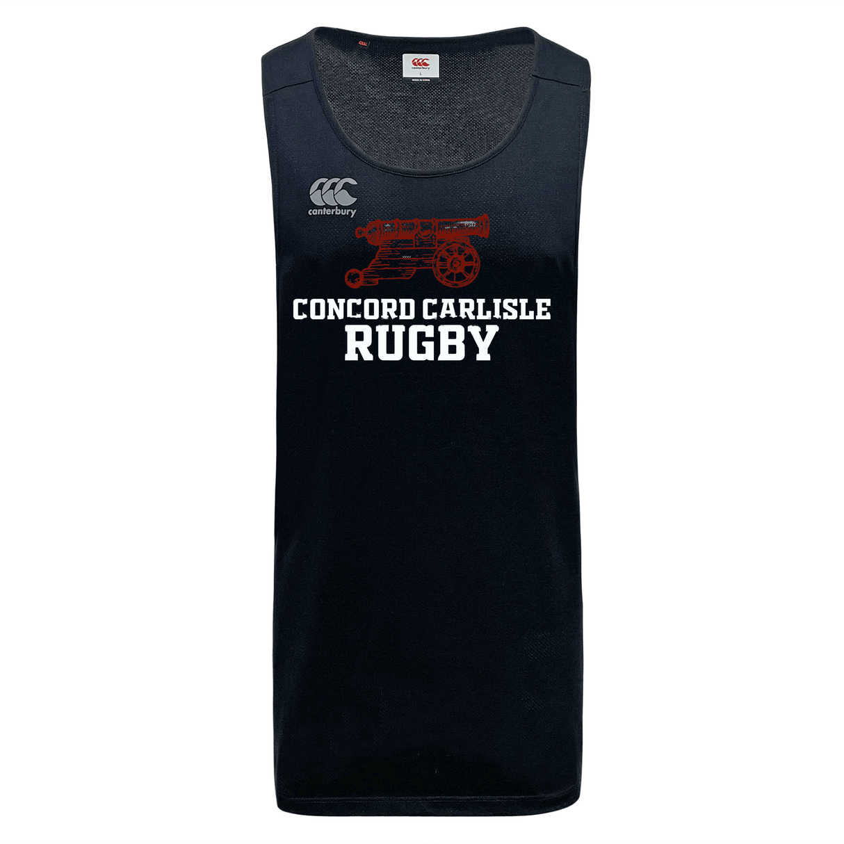 The Concord Carlisle Rugby Tempo Vapodri Singlet by Canterbury is a black sleeveless shirt made from recycled polyester and includes the "Concord Carlisle Rugby" text and a cannon graphic. Designed by WRS Canterbury, it features VapoDri technology to ensure comfort and dryness.