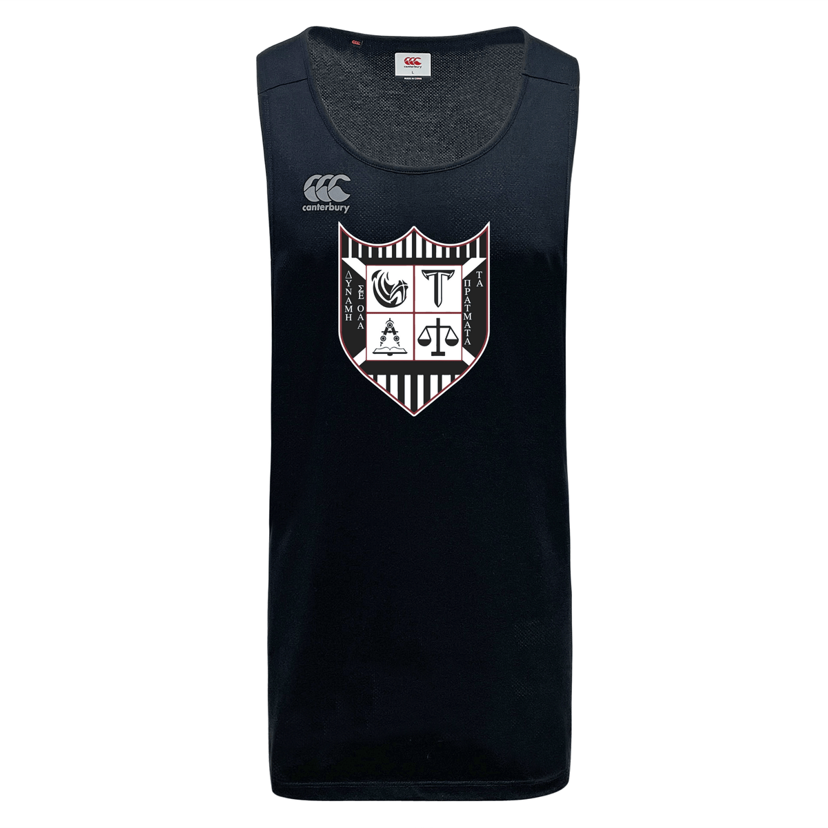 Black sleeveless Troy University Rugby Tempo Vapodri Singlet sports jersey made from recycled polyester, with a shield logo on the chest featuring four icons and the WRS Canterbury brand logo on the right.