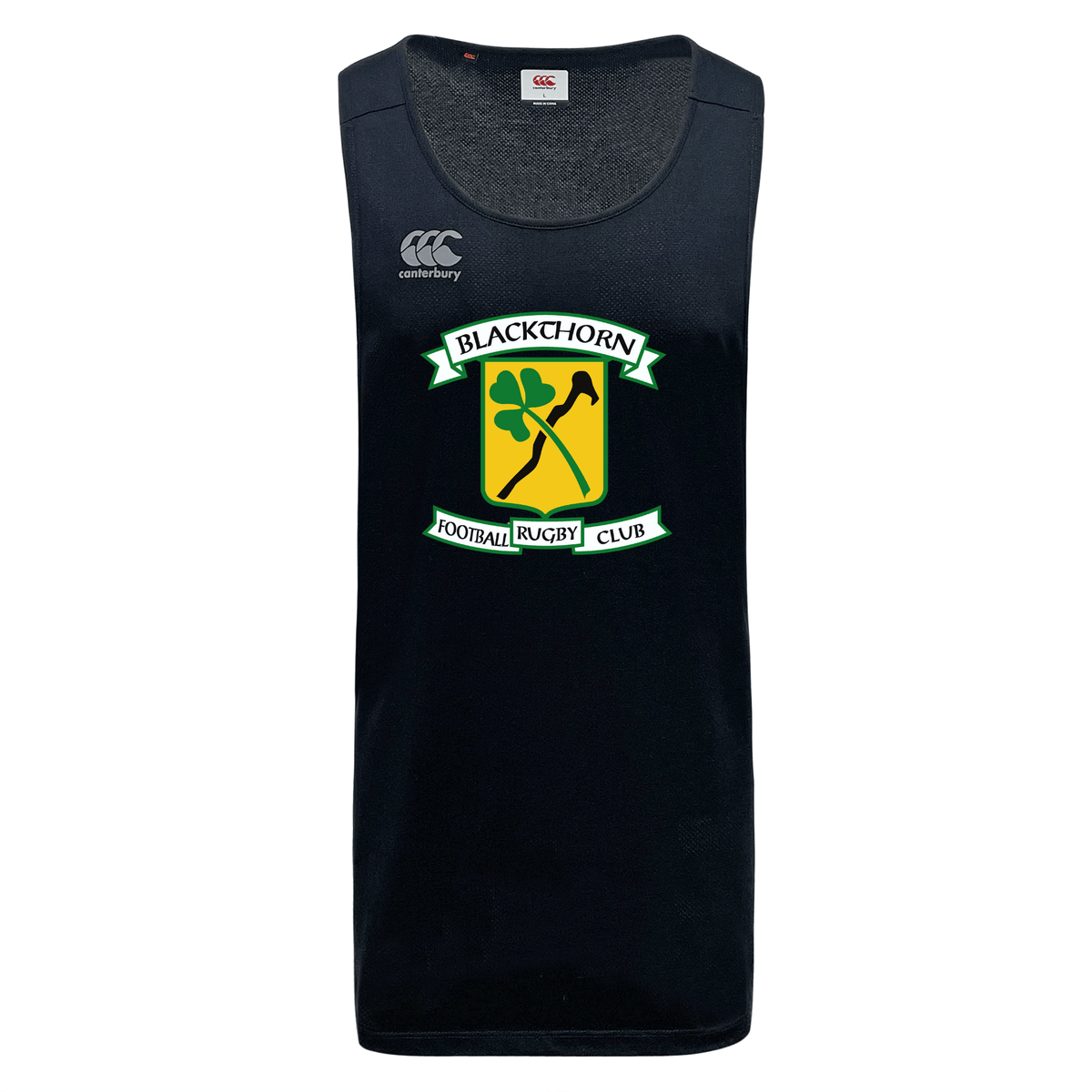 Black Blackthorn RFC Tempo Vapodri Singlet with "blackhorn football rugby club" logo on the chest and WRS Canterbury brand logo at the upper right, made from moisture-wicking recycled polyester.