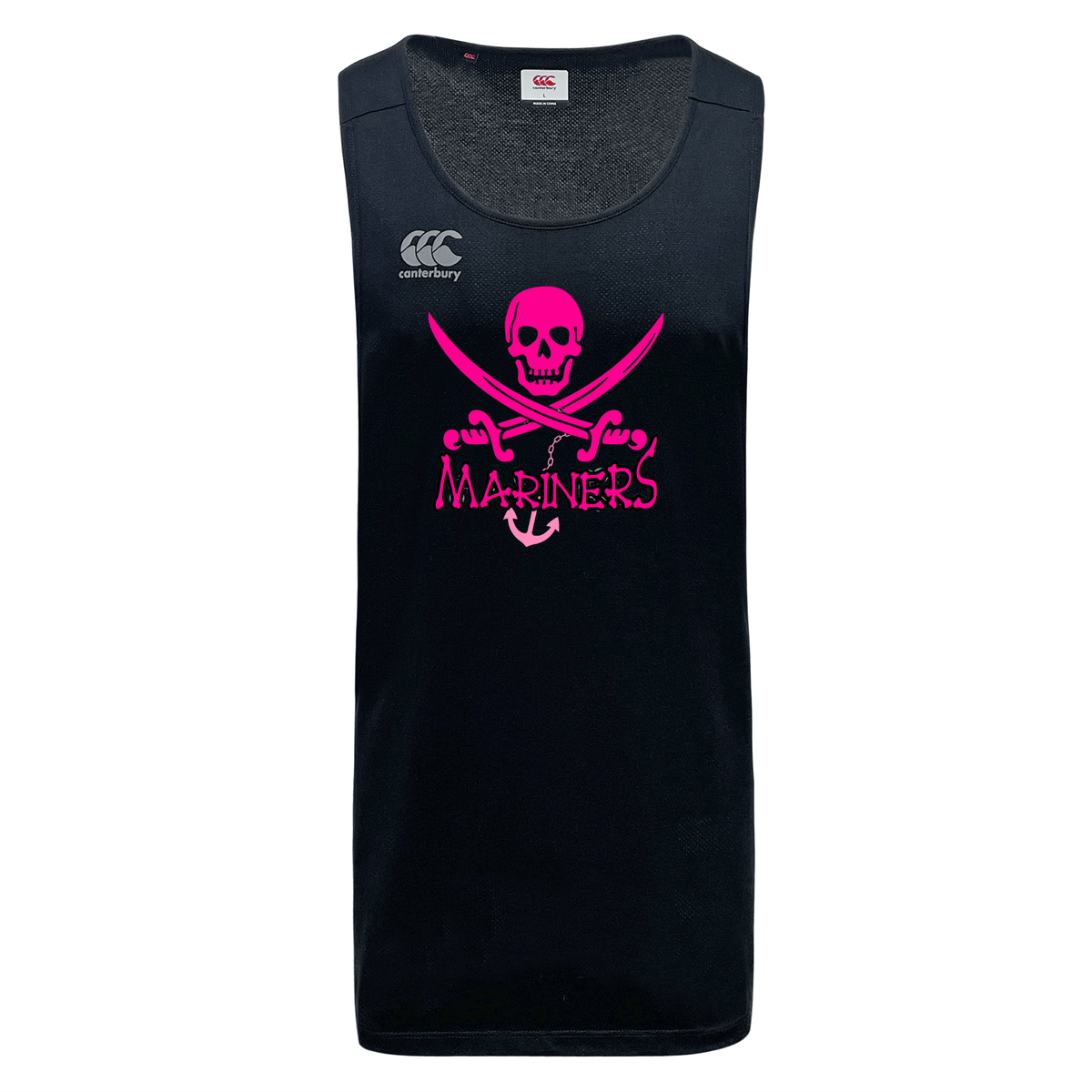 Black sleeveless sports jersey featuring a pink skull and crossbones logo above the text "mariners" on the front, and a small SUNY Maritime Tempo Vapodri Singlet by WRS Canterbury logo at the top left.