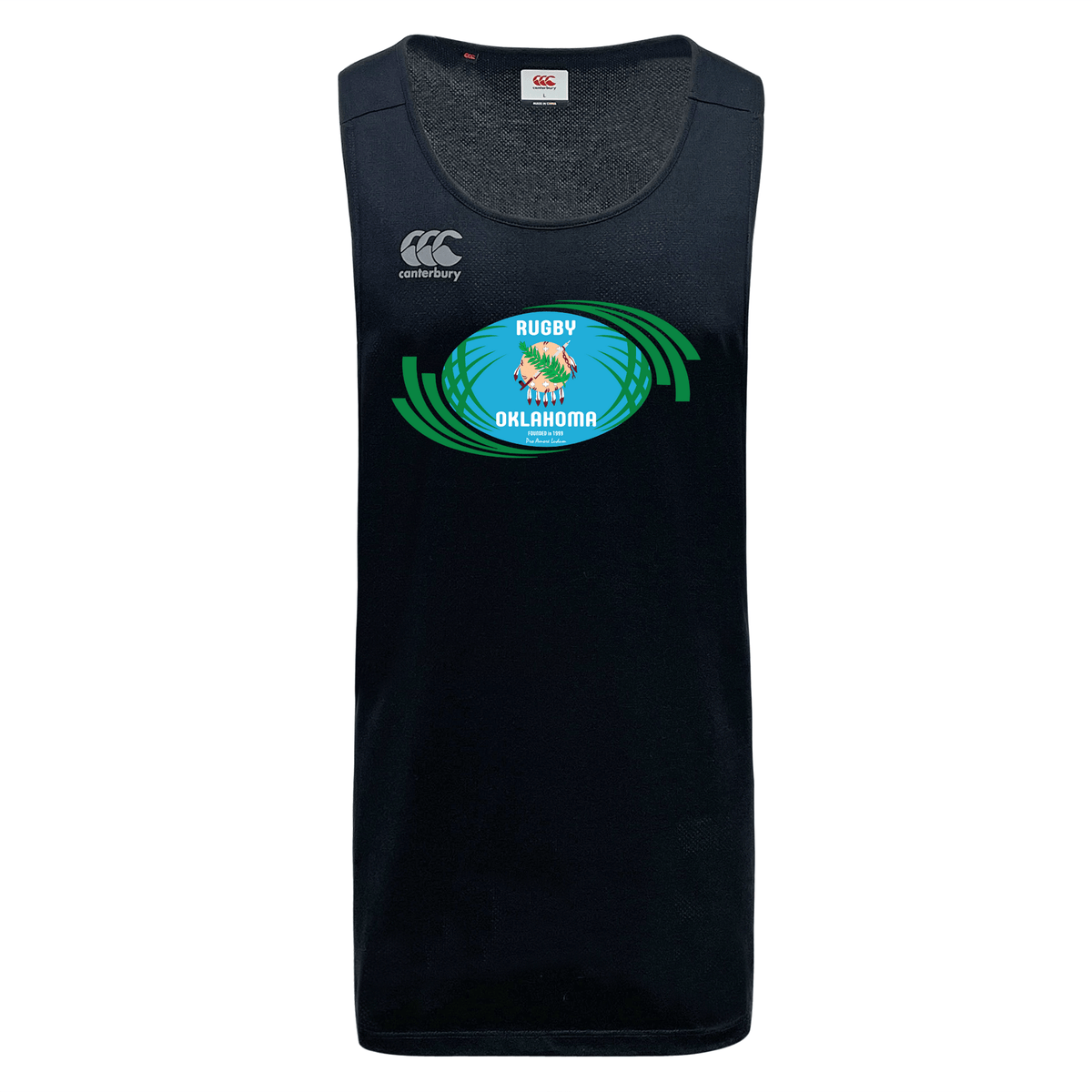 Rugby Oklahoma Tempo Vapodri Singlet by WRS Canterbury jersey featuring the canterbury logo at the upper chest and an oklahoma rugby emblem in green and orange on the front, made from recycled polyester.