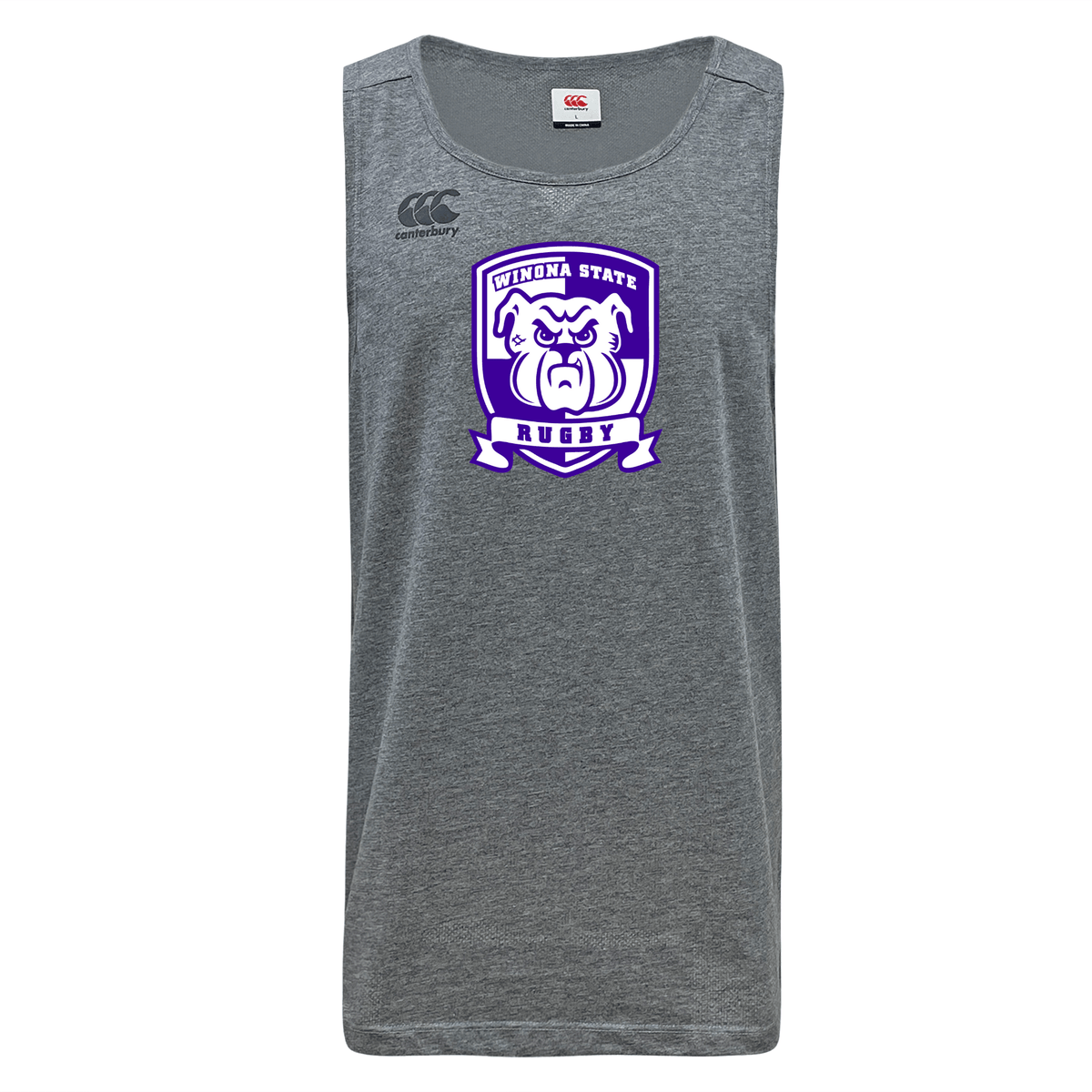 Winona State University Tempo Vapodri Singlet by Canterbury with the "Winona State Rugby" logo in purple and white on the chest, featuring VapoDri technology for enhanced moisture management and crafted from recycled polyester. This WRS Canterbury product is perfect for performance and sustainability alike.