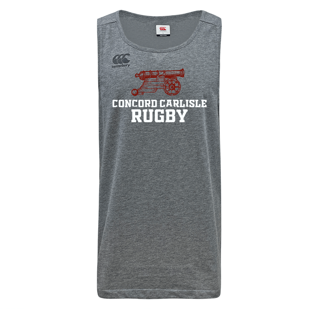 Gray sleeveless Concord Carlisle Rugby Tempo VapoDri Singlet by WRS Canterbury with a red cannon graphic printed on the front and Canterbury logo at top left.