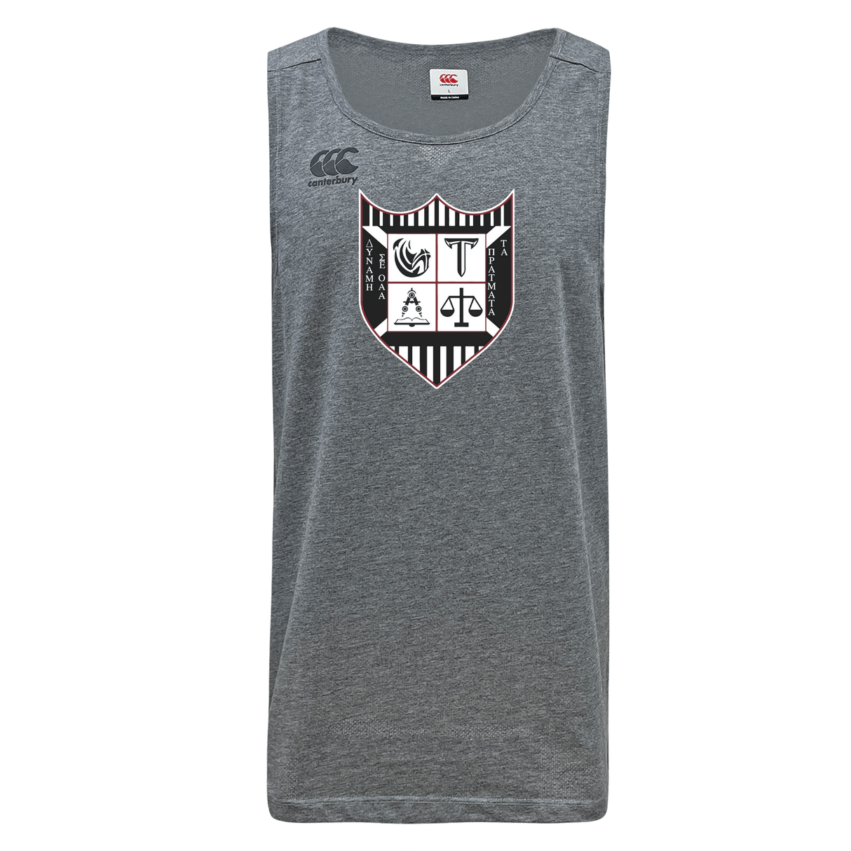 Gray Troy University Rugby Tempo VapoDri singlet featuring a crest design with various symbols, including an anchor and a torch, on the chest by WRS Canterbury.