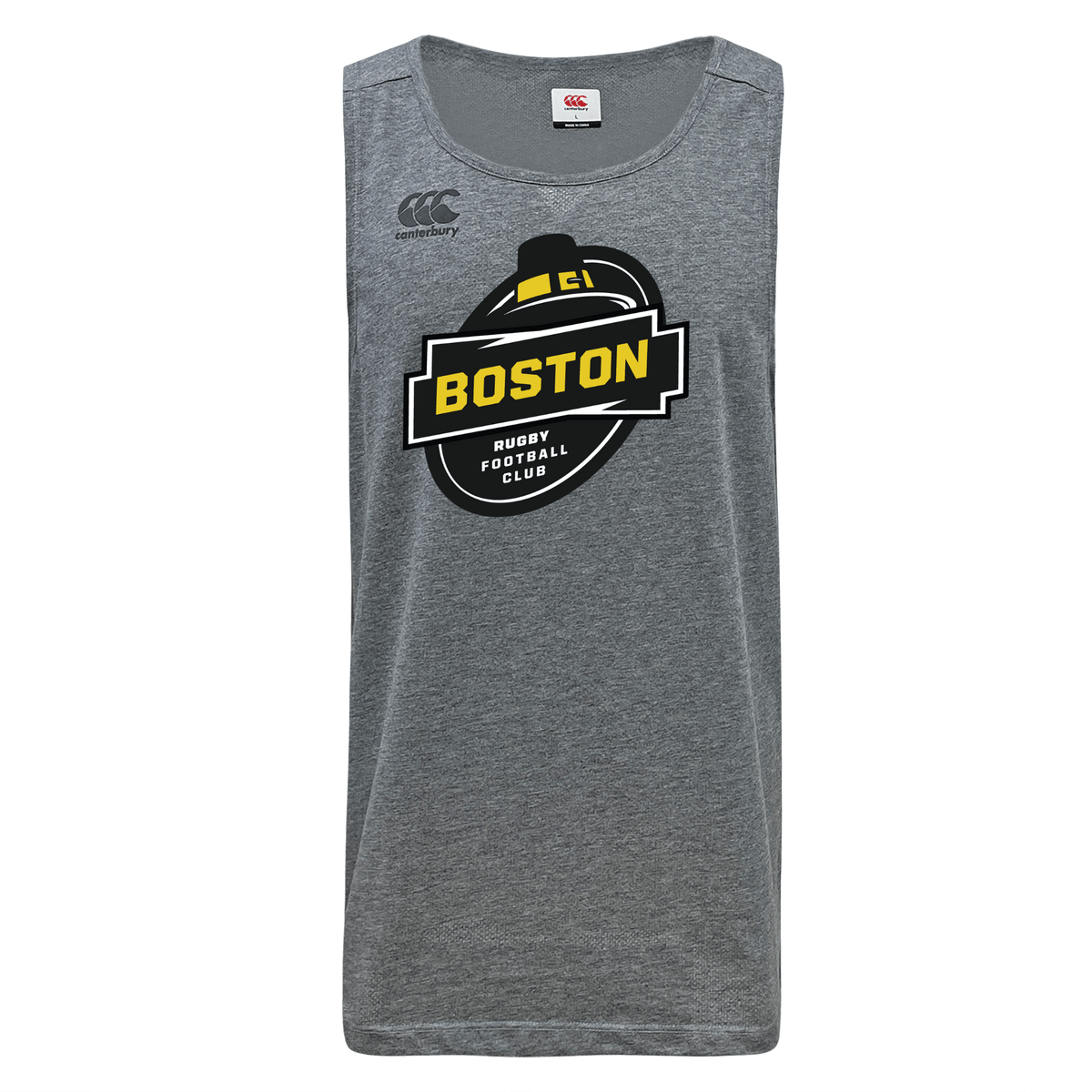 The Boston RFC Tempo Vapodri Singlet by WRS Canterbury showcases the "Boston Rugby Football Club" logo boldly in black and yellow on its gray, sleeveless design. Crafted from recycled polyester with VapoDri technology, it offers exceptional comfort and performance, finished with iconic Canterbury branding for a genuine touch.