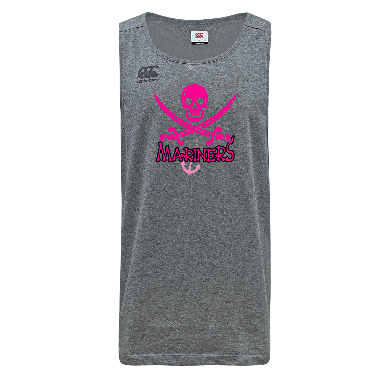 Gray SUNY Maritime Tempo Vapodri Singlet made from recycled polyester, featuring the "mariners" and a pink skull and crossbones graphic on the front by WRS Canterbury.