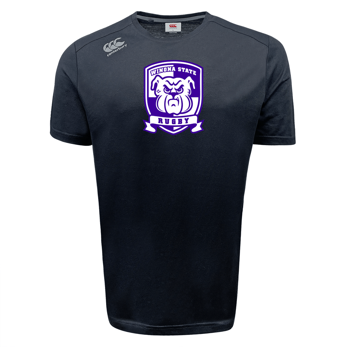Black short-sleeve Winona State University Tempo Vapodri T-Shirt by Canterbury featuring "WINONA STATE RUGBY" under a bulldog crest in purple and white.