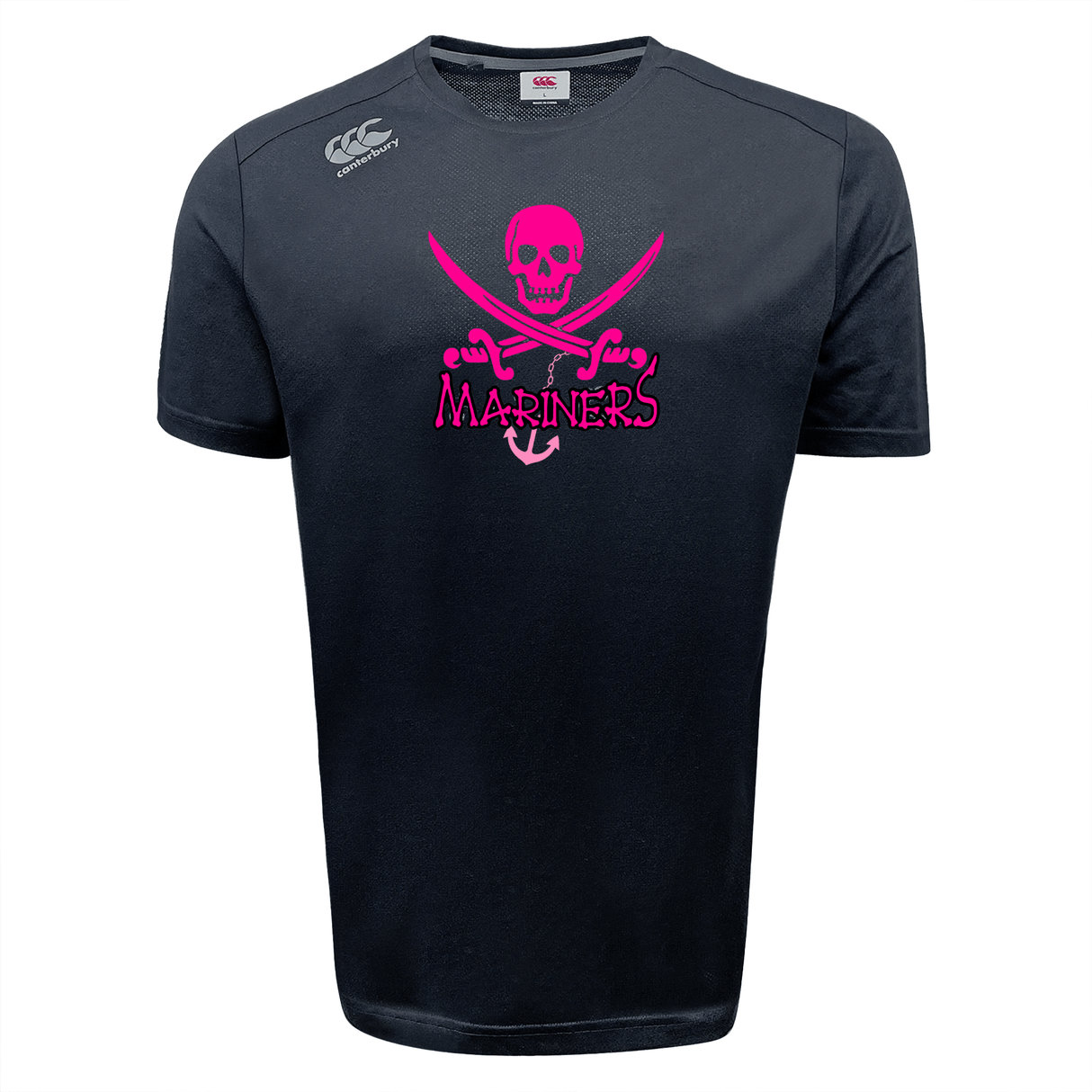 Navy blue SUNY Maritime Tempo Vapodri t-shirt with a pink and white "mariners" logo featuring a skull and crossed swords on the chest, enhanced with Vapodri technology by WRS Canterbury.